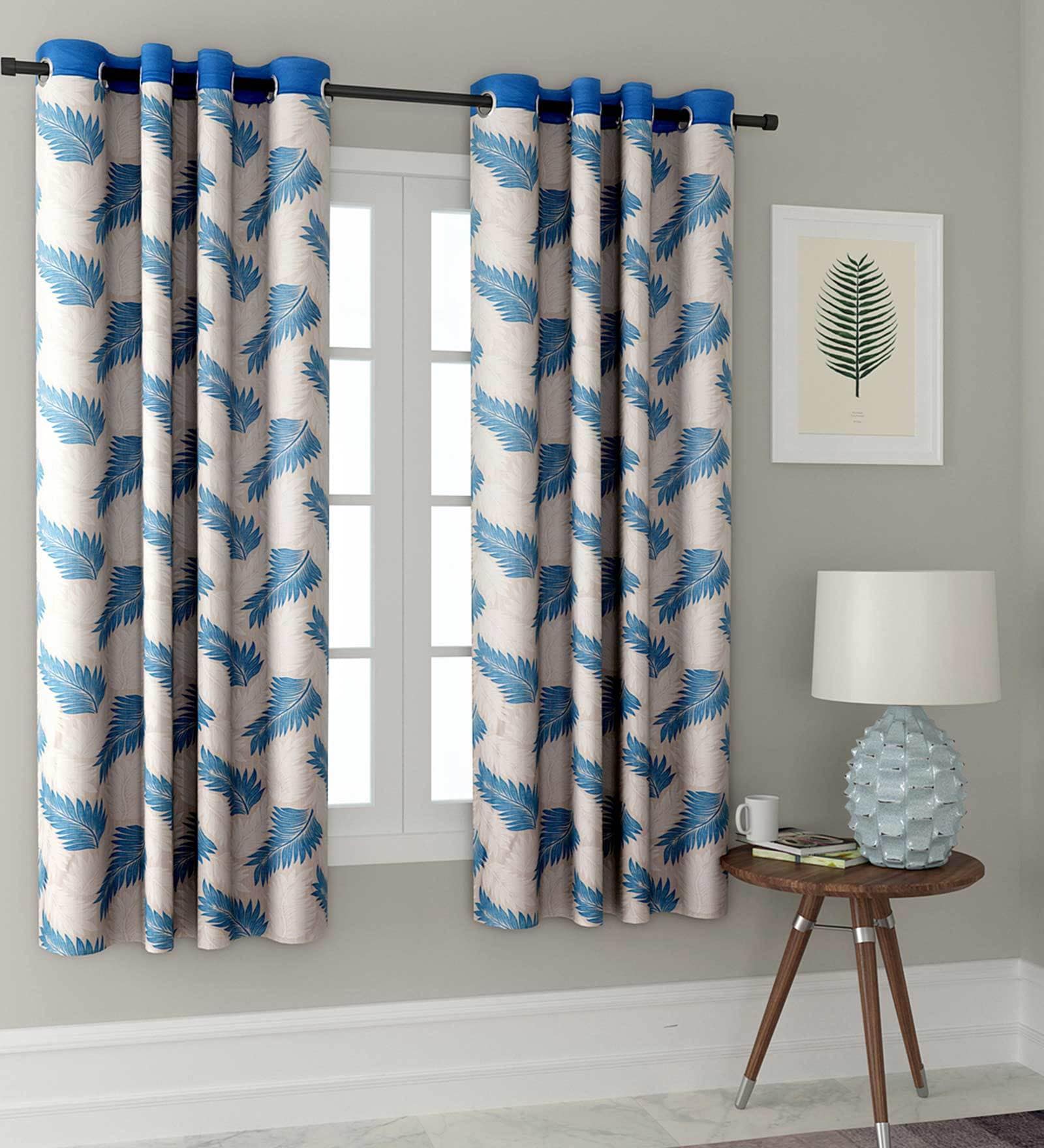 Blue Floral Polyester 5 Ft Semisheer Eyelet Window Curtains (Set of 2)
