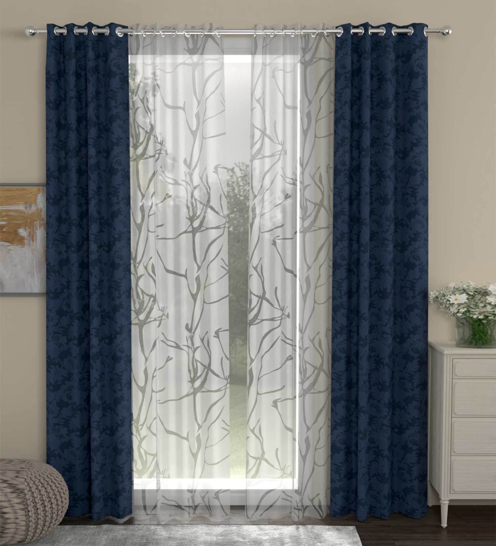 Blue Polyester Abstract 7ft Semisheer Eyelet 4 Pcs Door Curtains