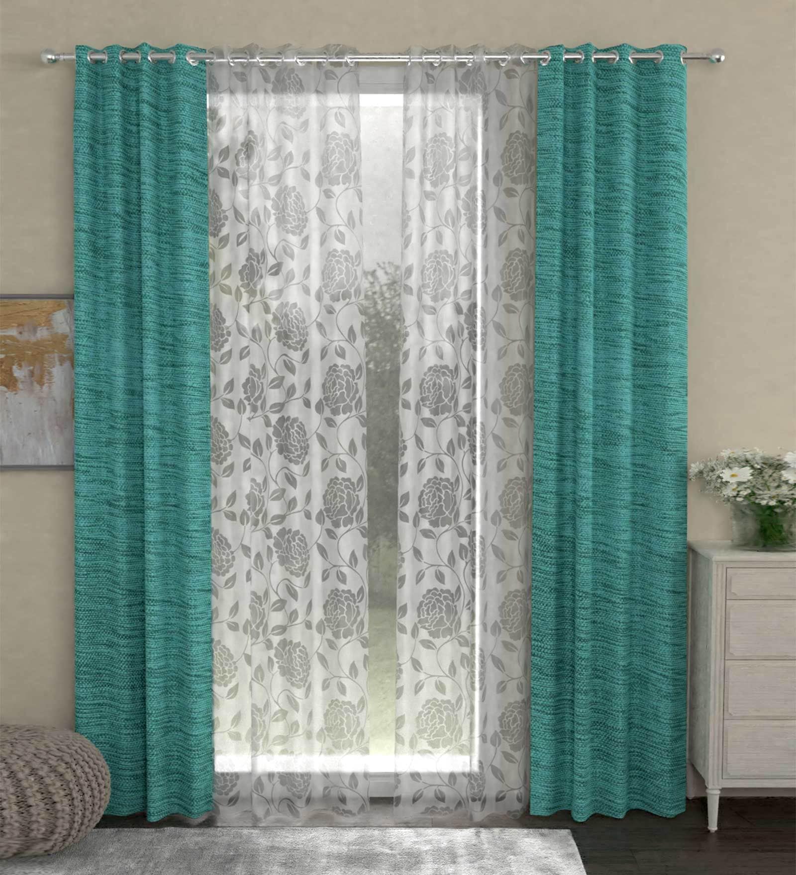 Blue Semisheer Polyester 7 Feet Eyelet Set of 4 Curtains