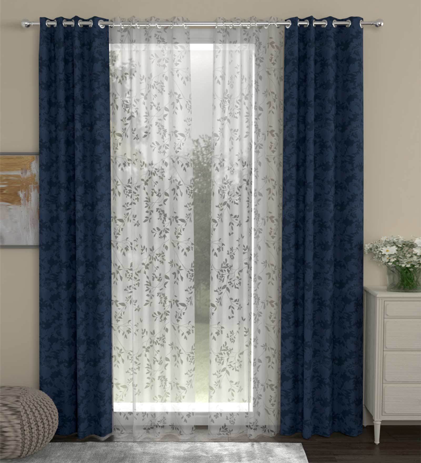 Blue Polyester FLoral 7ft Semisheer Eyelet 4 Pcs Door Curtains