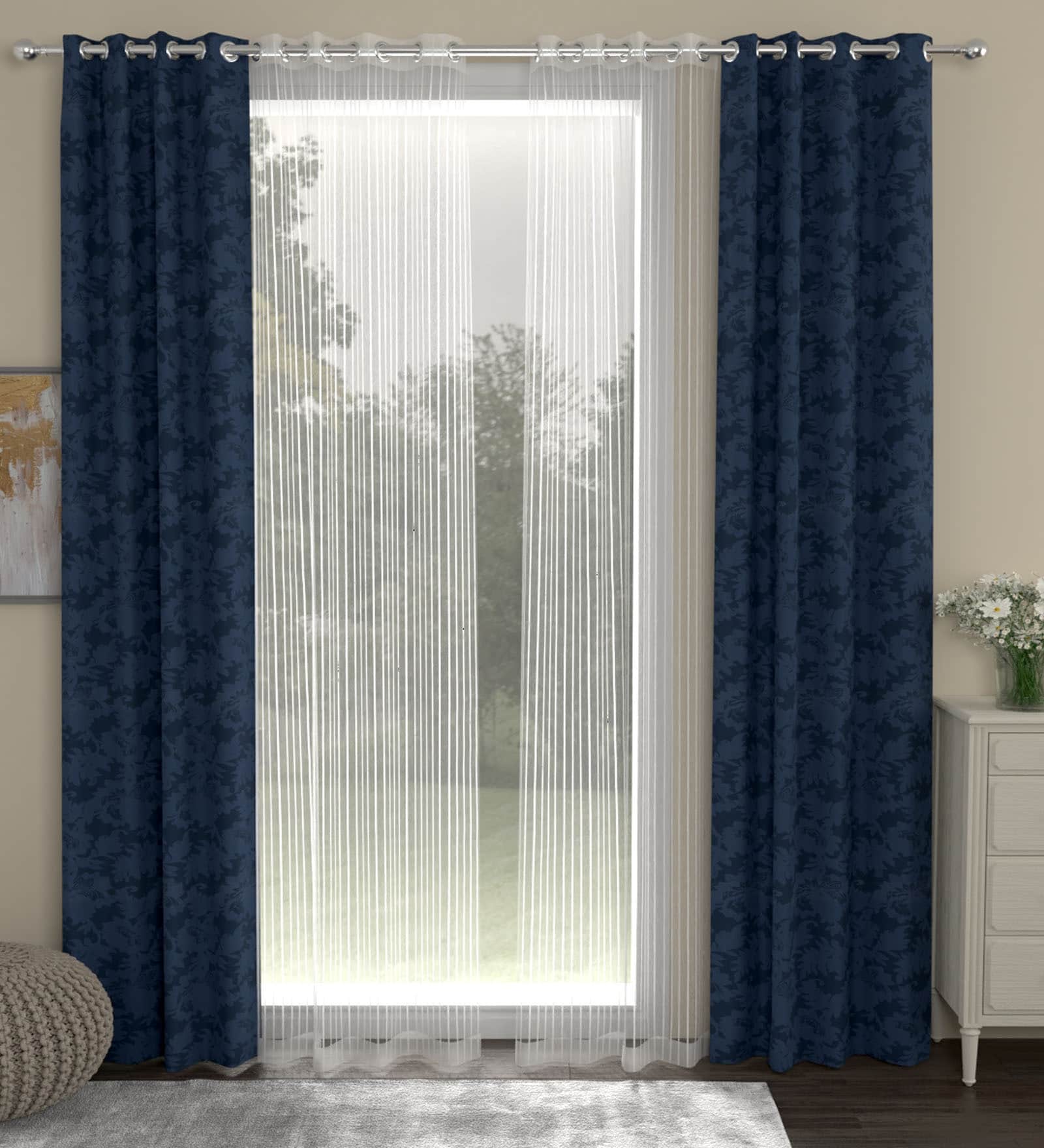 Blue Semisheer Polyester 7 Feet Eyelet Set of 4 Curtains