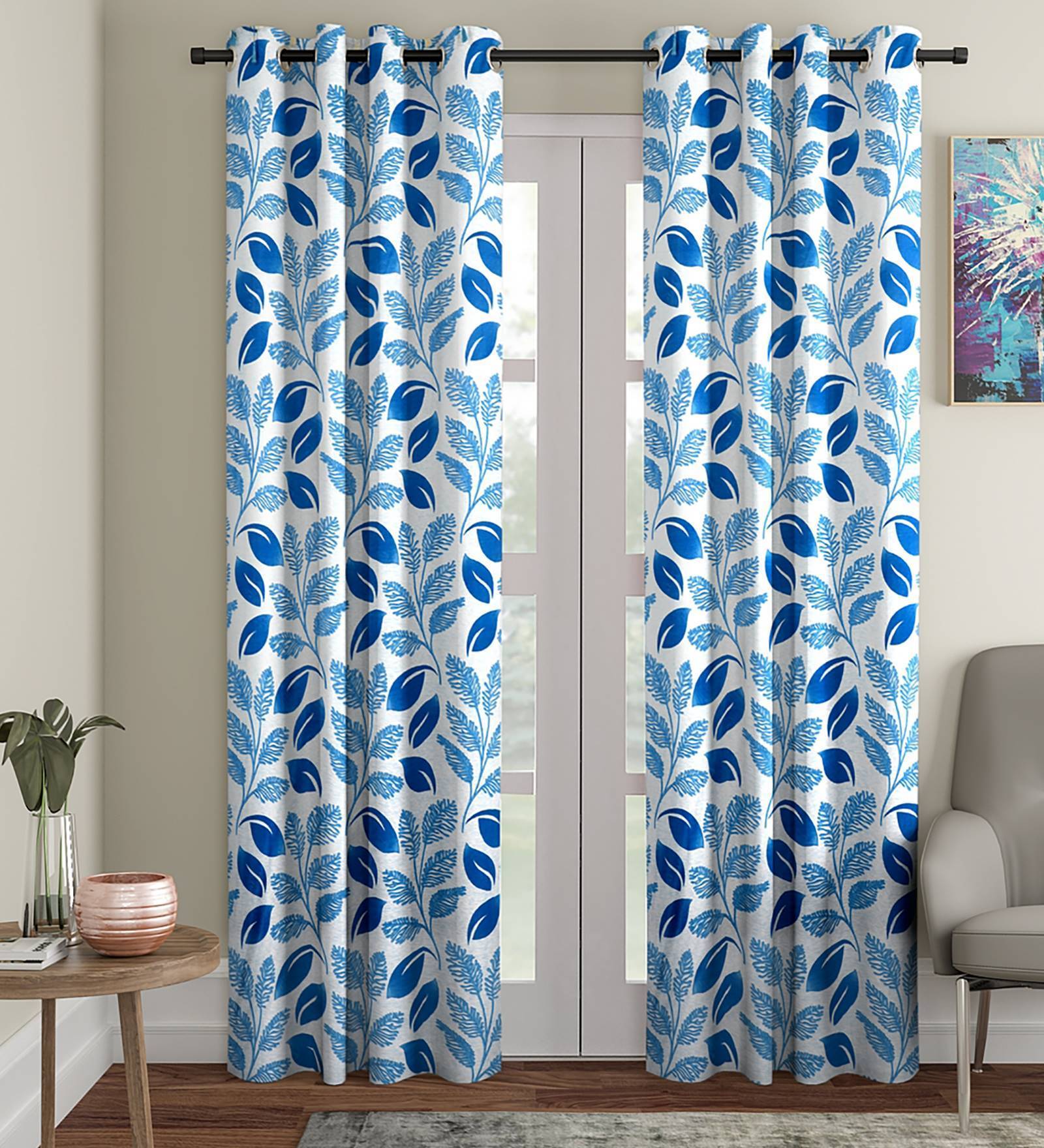 Blue Floral Polyester 9 Ft Semisheer Eyelet Door Curtains (Set of 2)