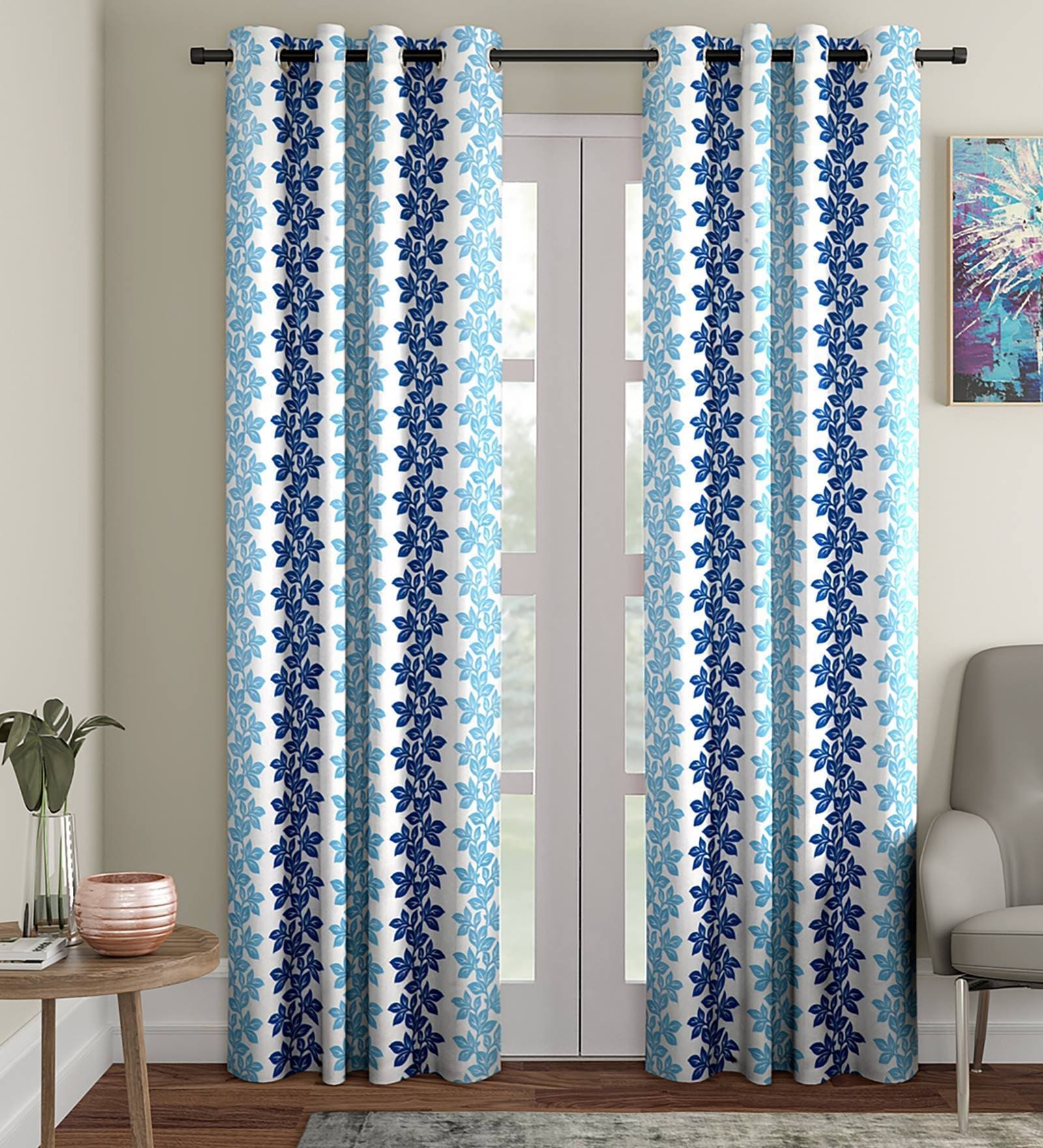 Blue Geometric Polyester 9 Ft Semisheer Eyelet Door Curtains (Set of 2)