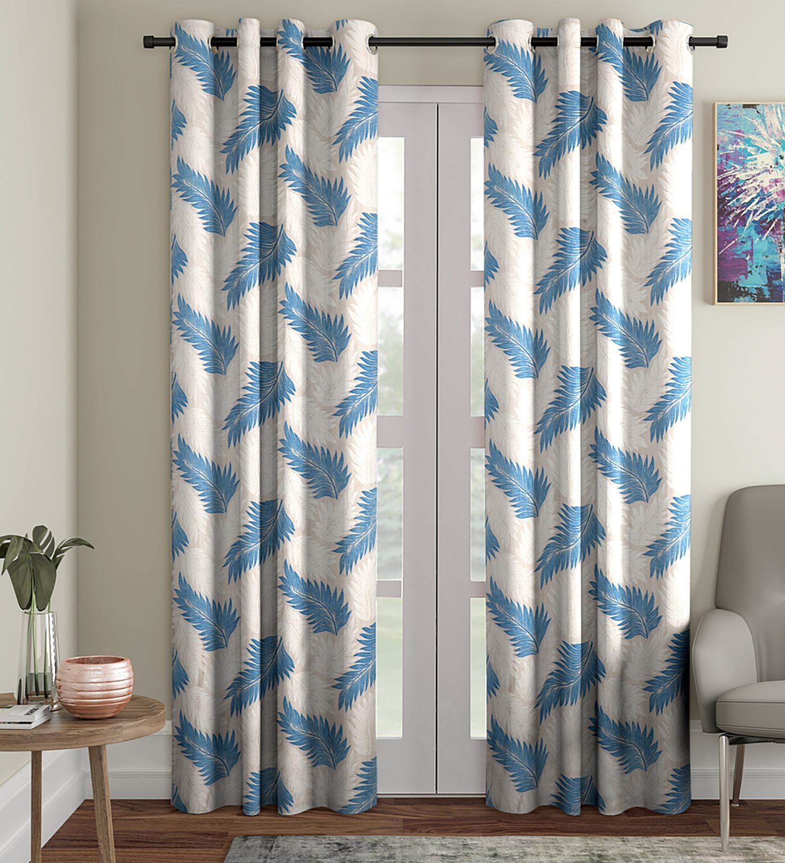 Blue Floral Polyester 9 Ft Semisheer Eyelet Door Curtains (Set of 2)