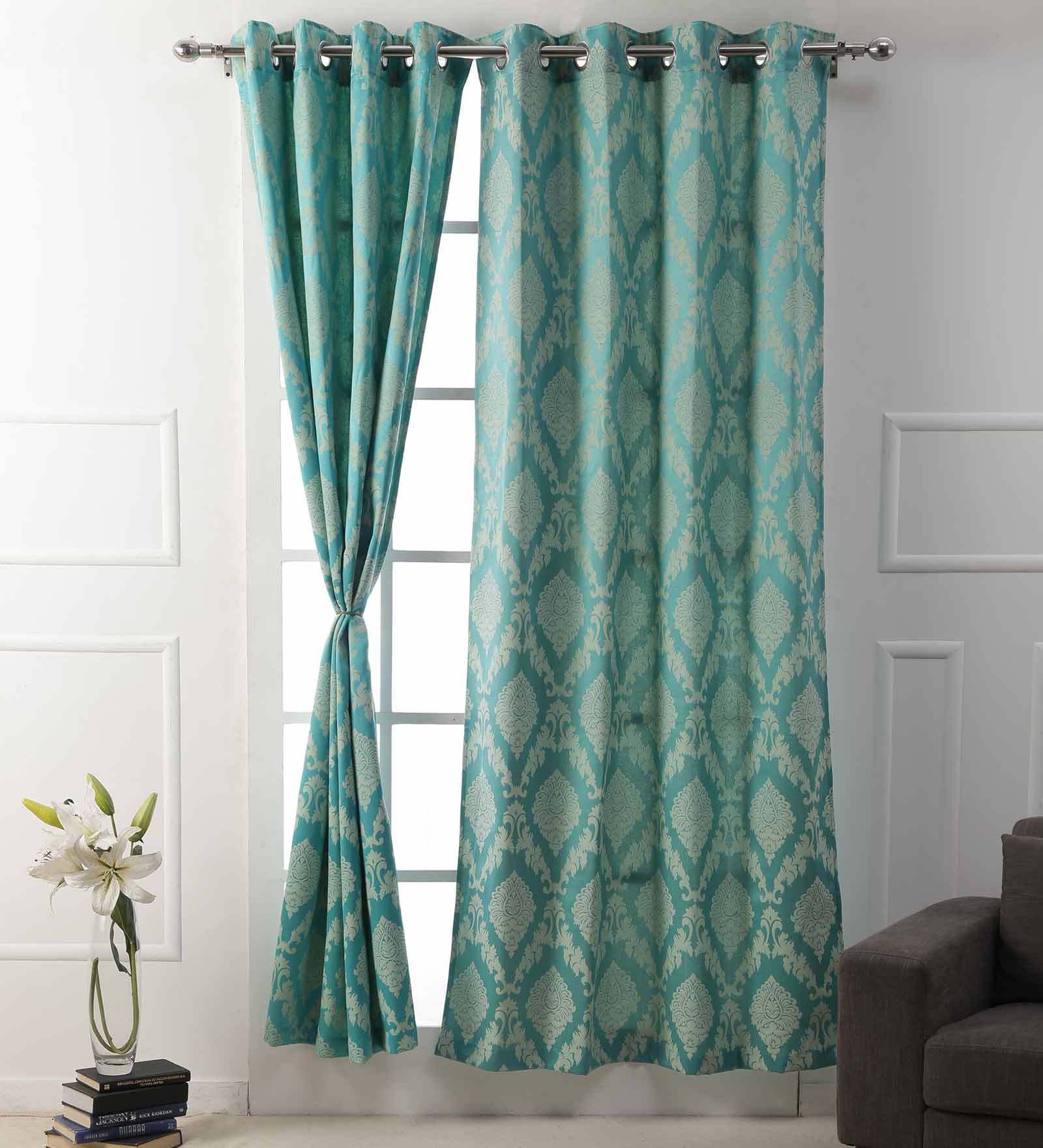 Blue Traditional Silk 7 Ft Light Filtering Eyelet Door Curtain