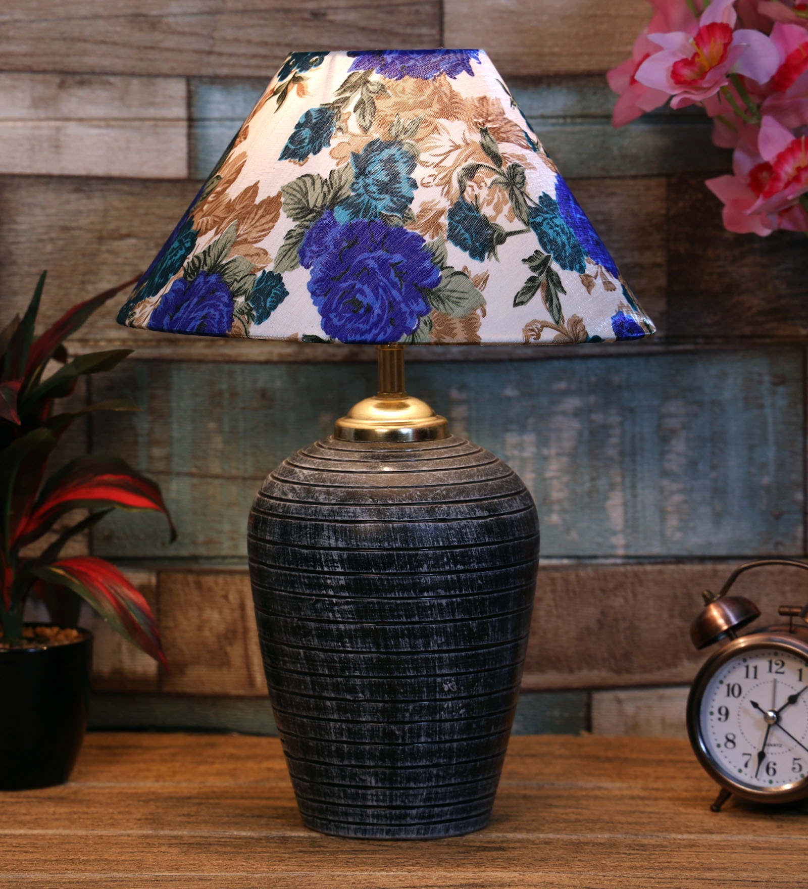 White & Blue Shade Table Lamp With Terracotta Base