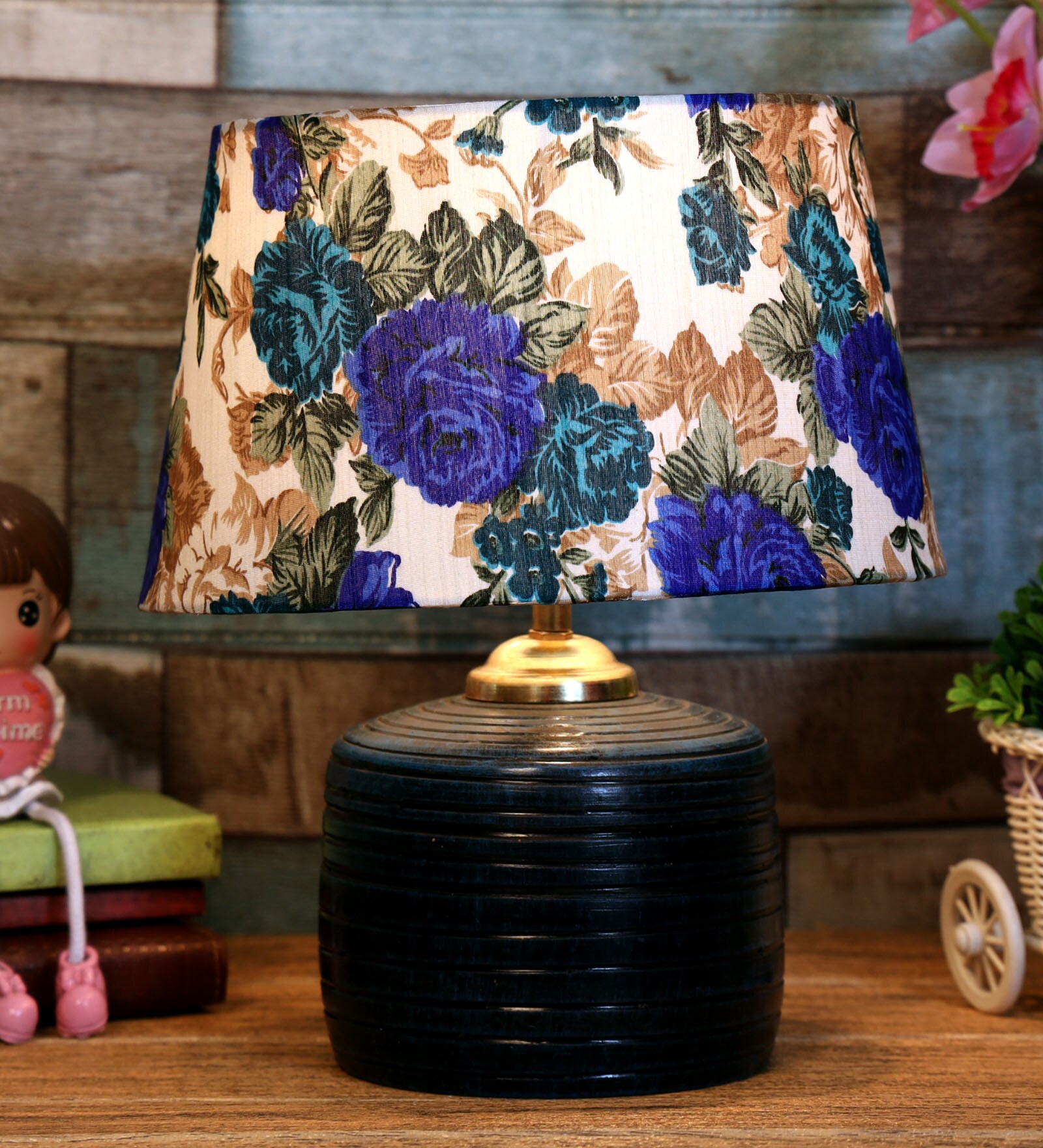 White & Blue Shade Table Lamp With Terracotta  Base