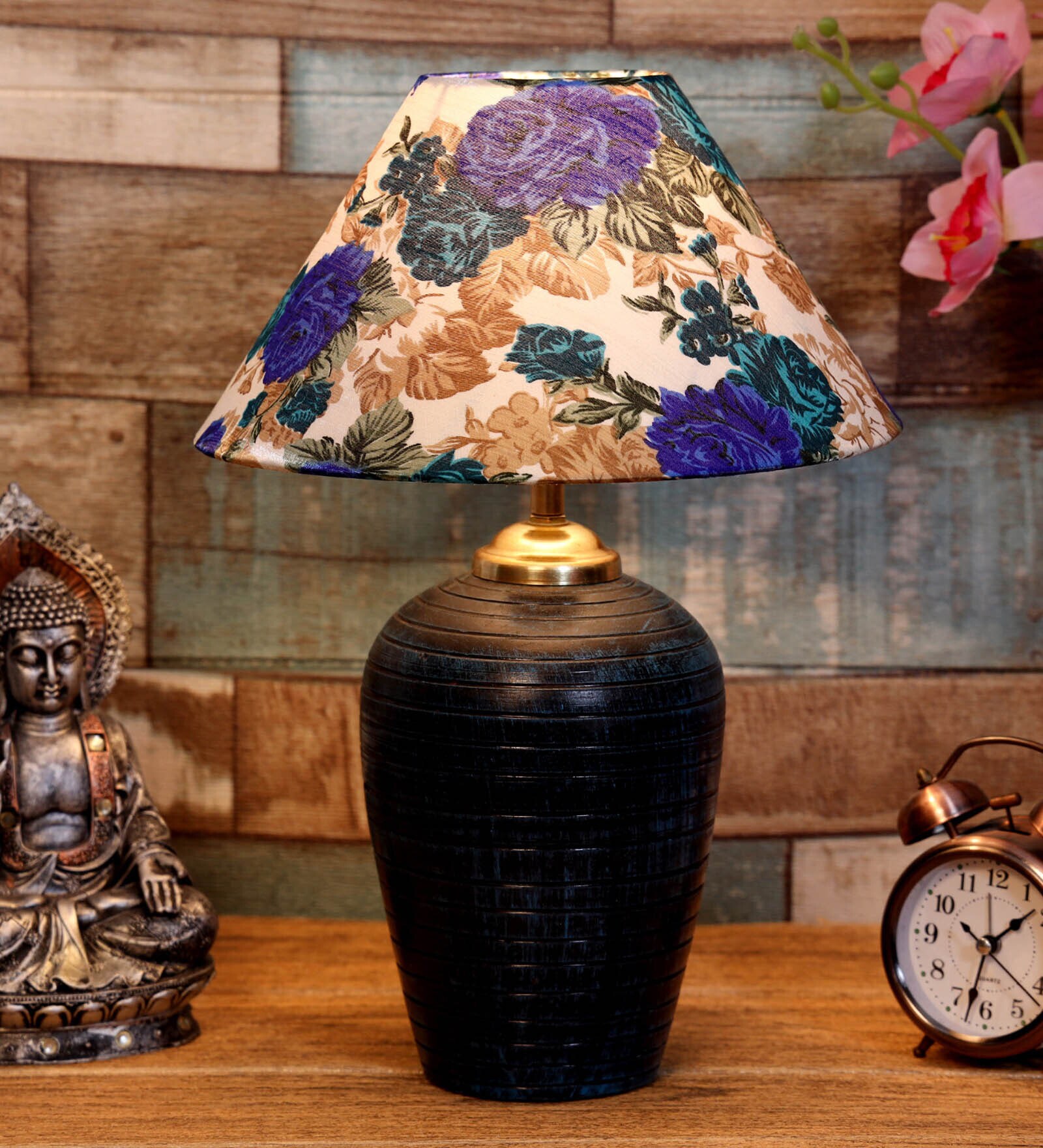 White & Blue Shade Table Lamp With Terracotta  Base