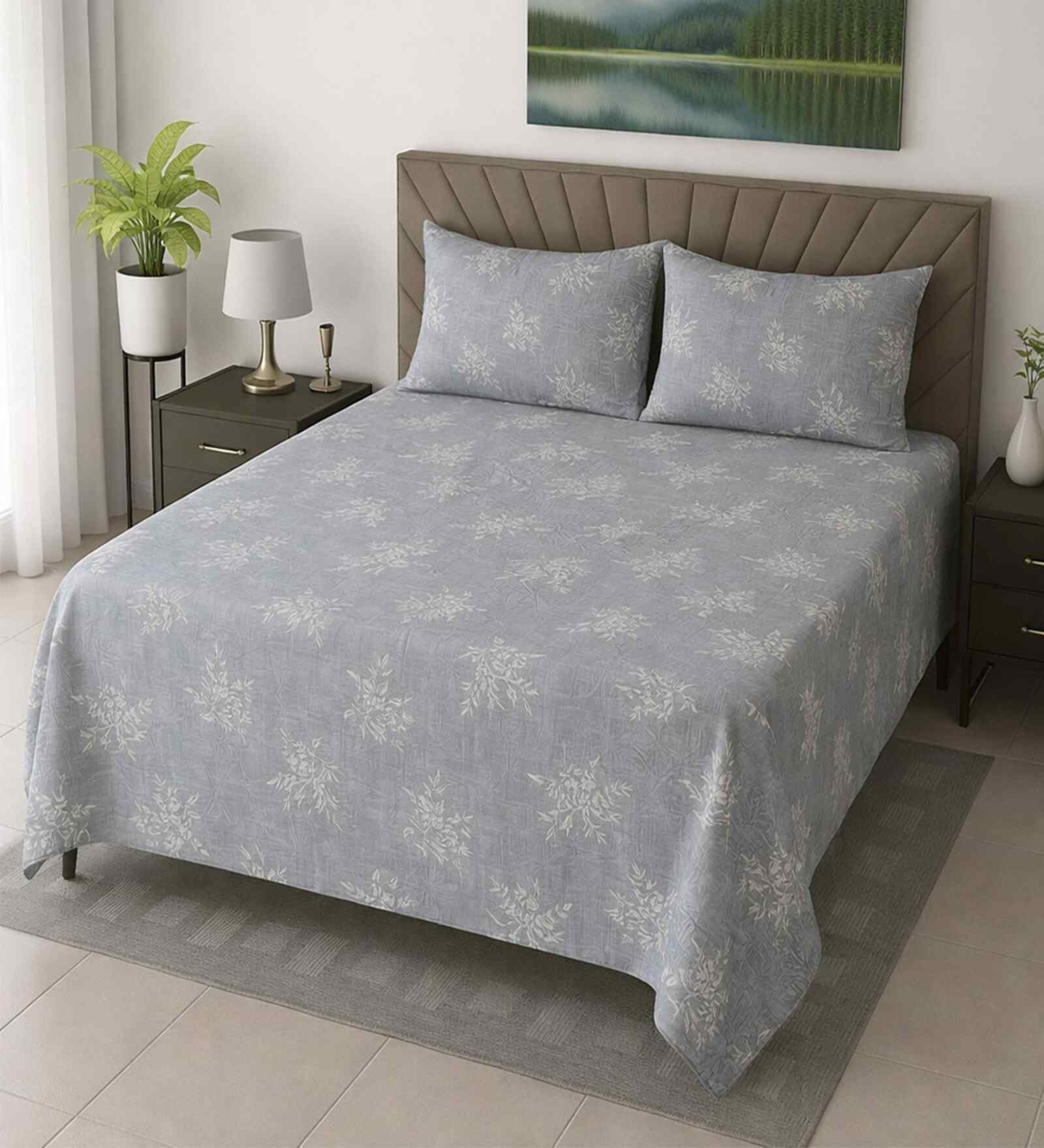 Blue Floral 400 Tc Cotton Super King Size Bedsheet With 2 Pillow Covers