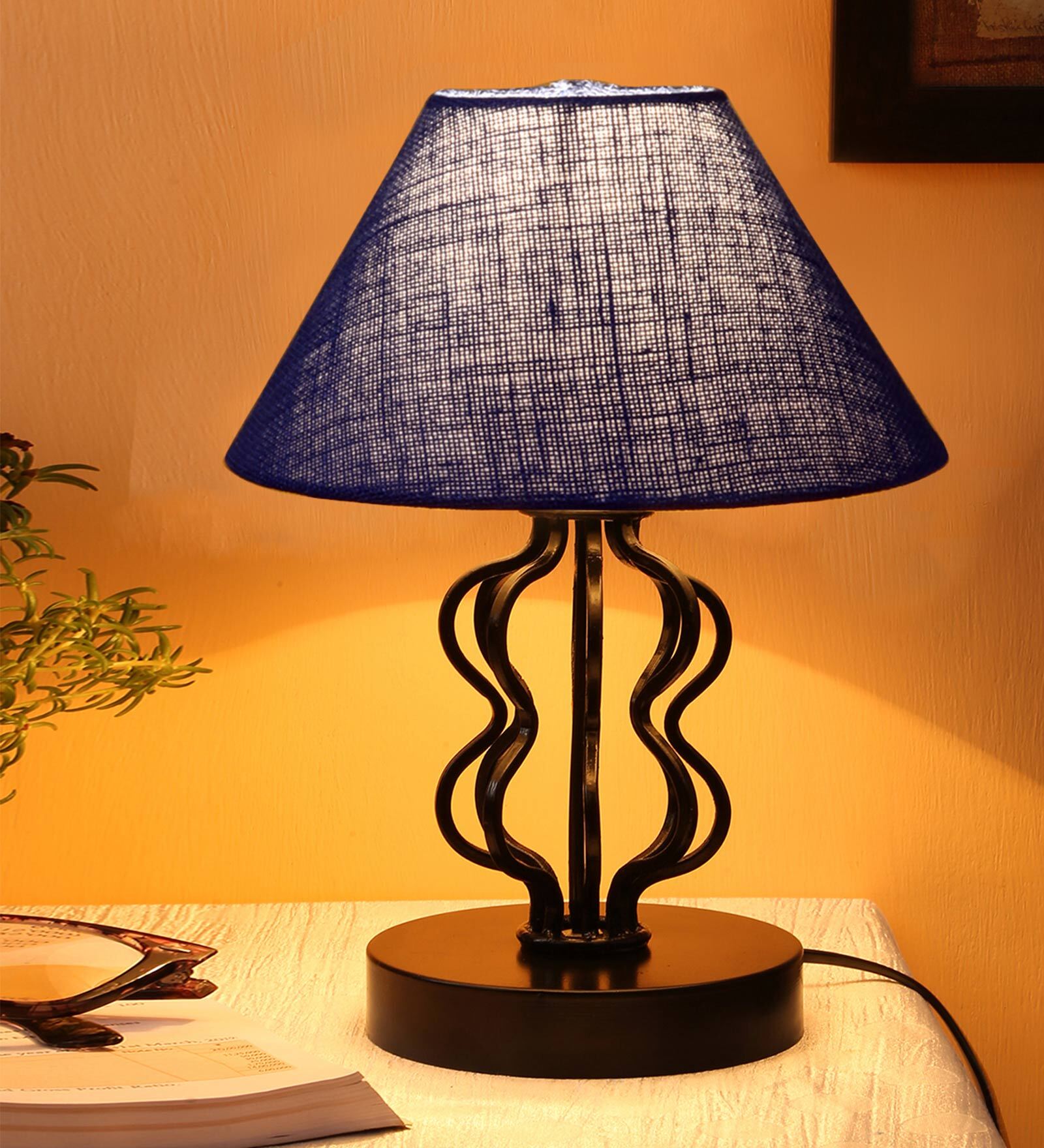 Blue Shade Table Lamp With Iron Base
