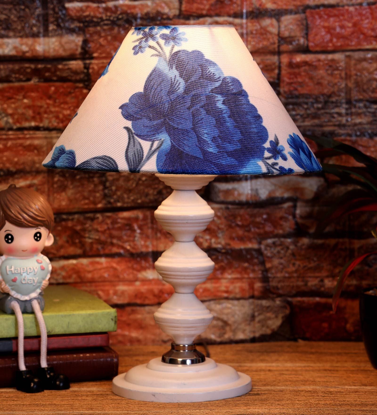White & Blue Shade Table Lamp With Metal Base