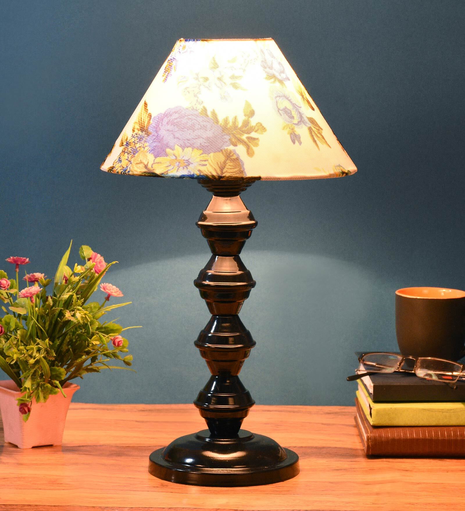 White & Blue Shade Table Lamp With Metal Base
