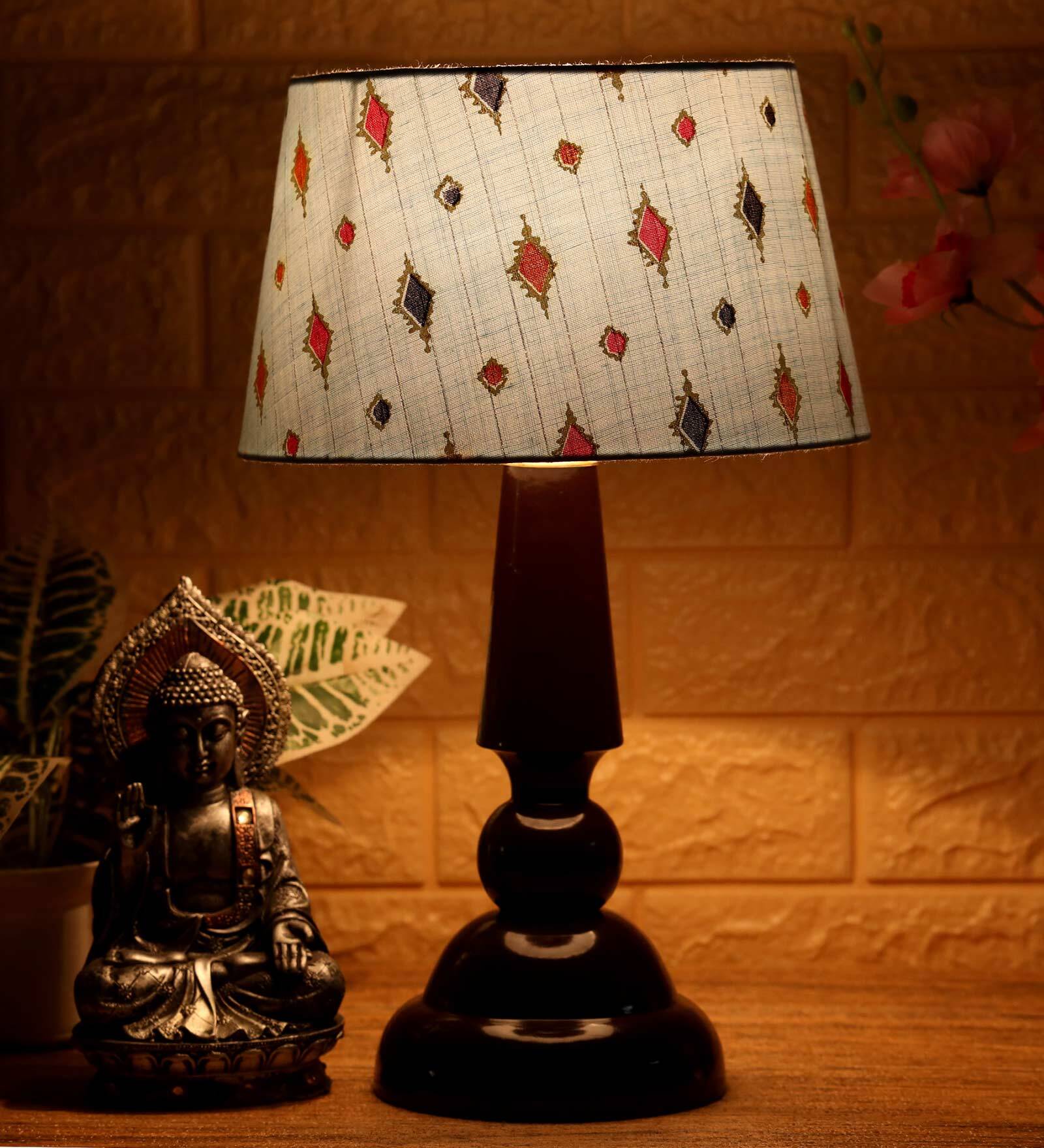 Mackay Blue Fabric Shade Night Lamp With Wood Base