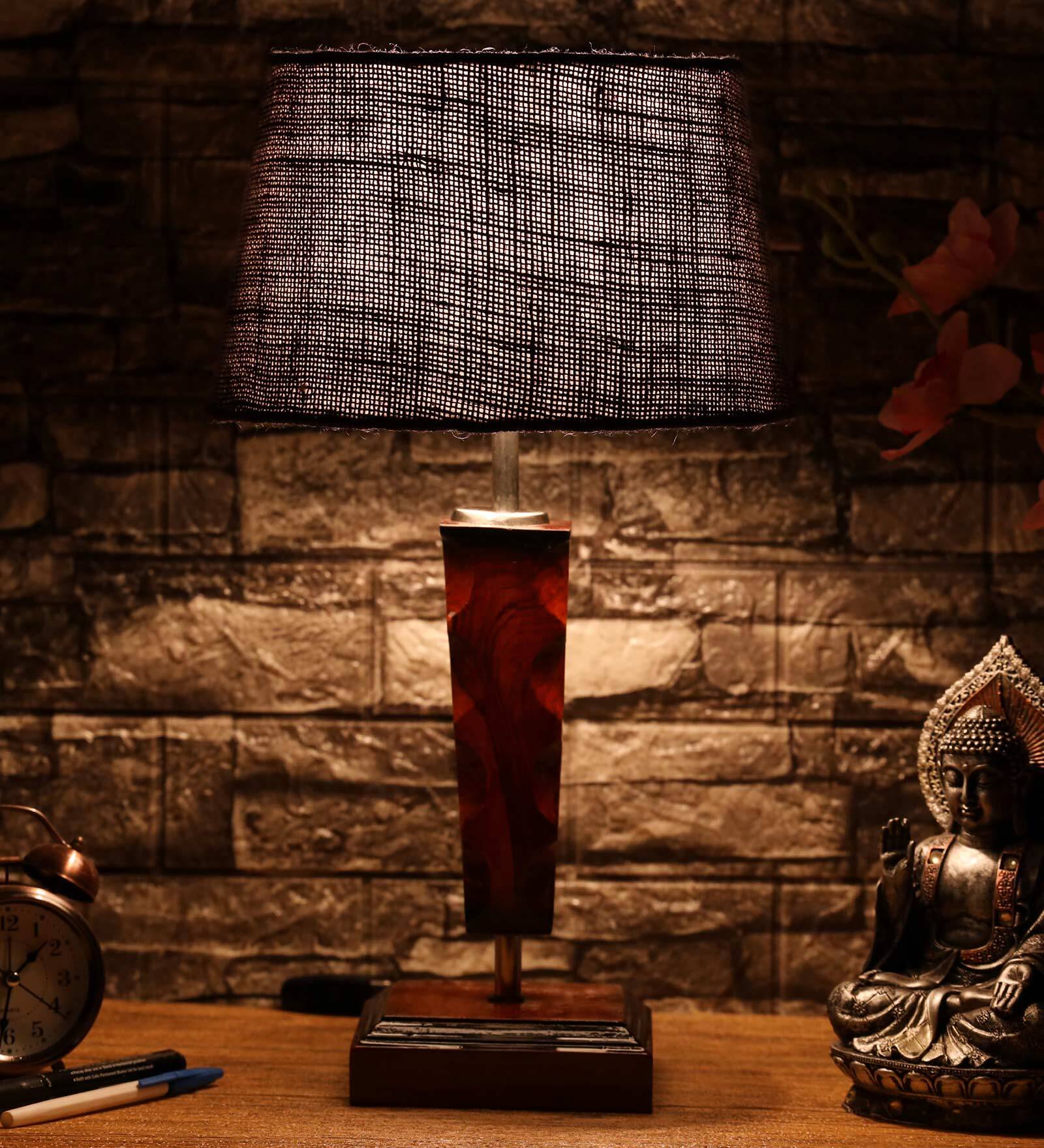 Damsel Blue Natural Fiber Shade Night Lamp With Wood Base