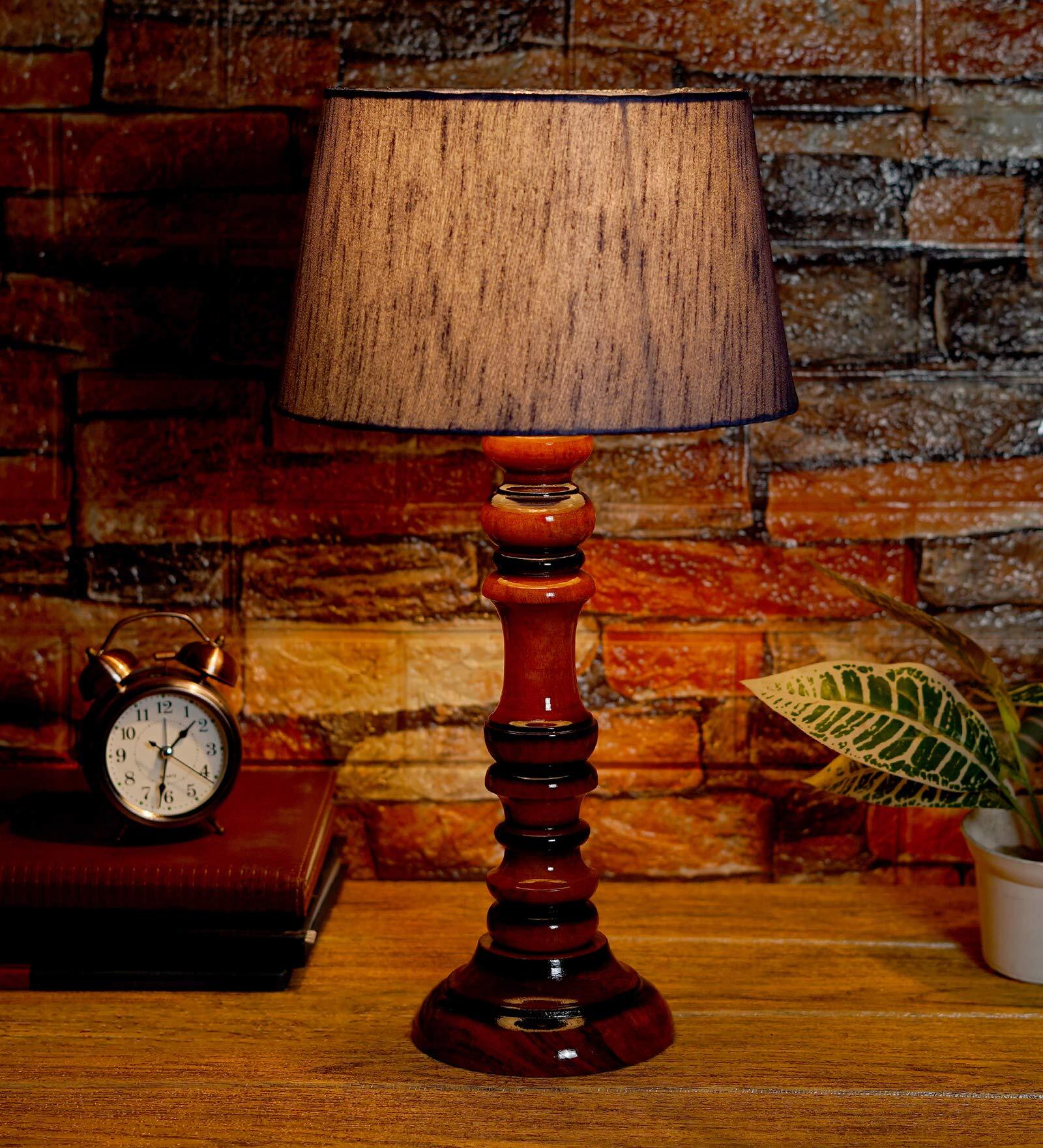 Hector Blue Natural Fiber Shade Night Lamp With Wood Base