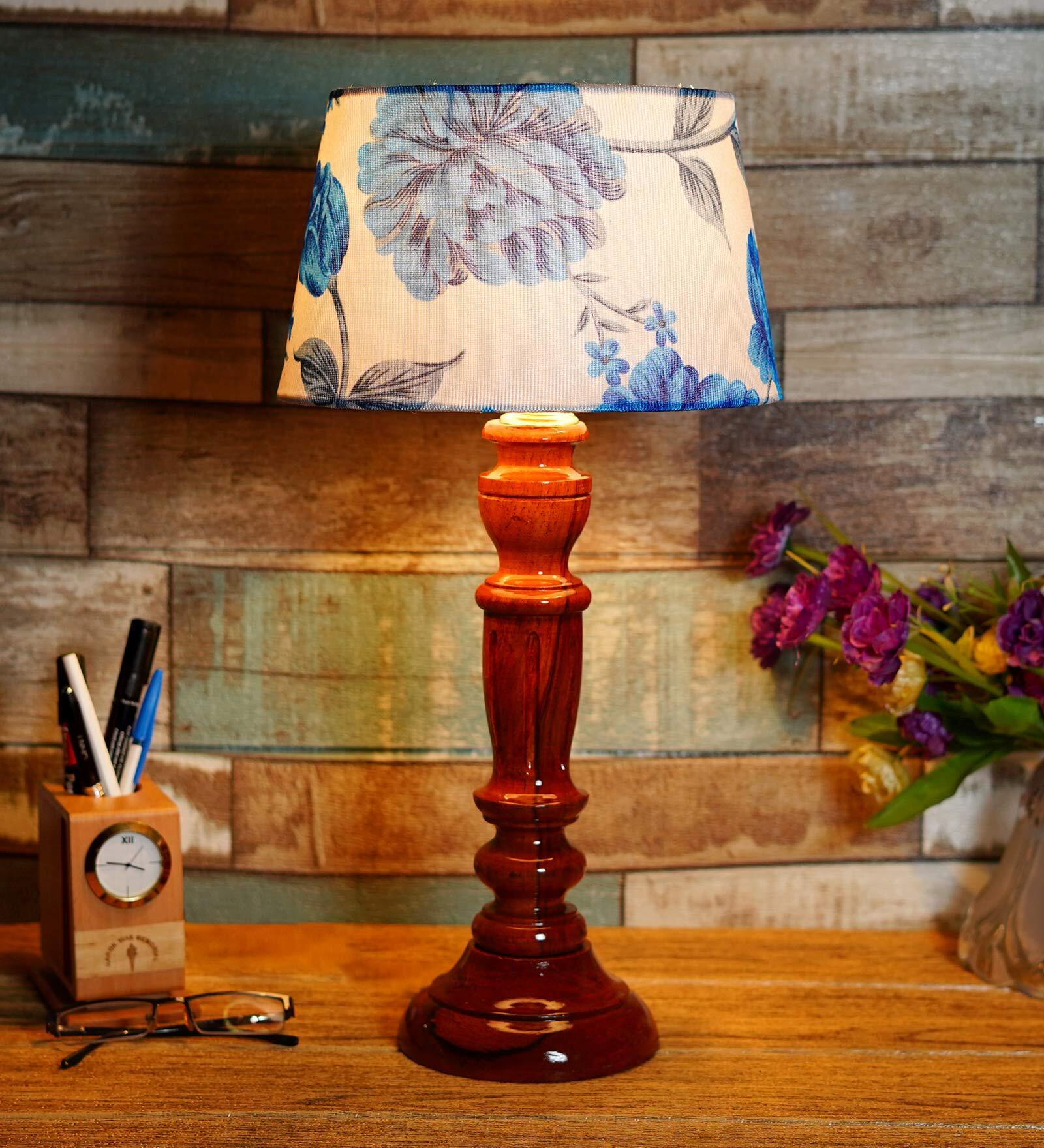 Cherosi Blue Fabric Shade Night Lamp With Wood Base