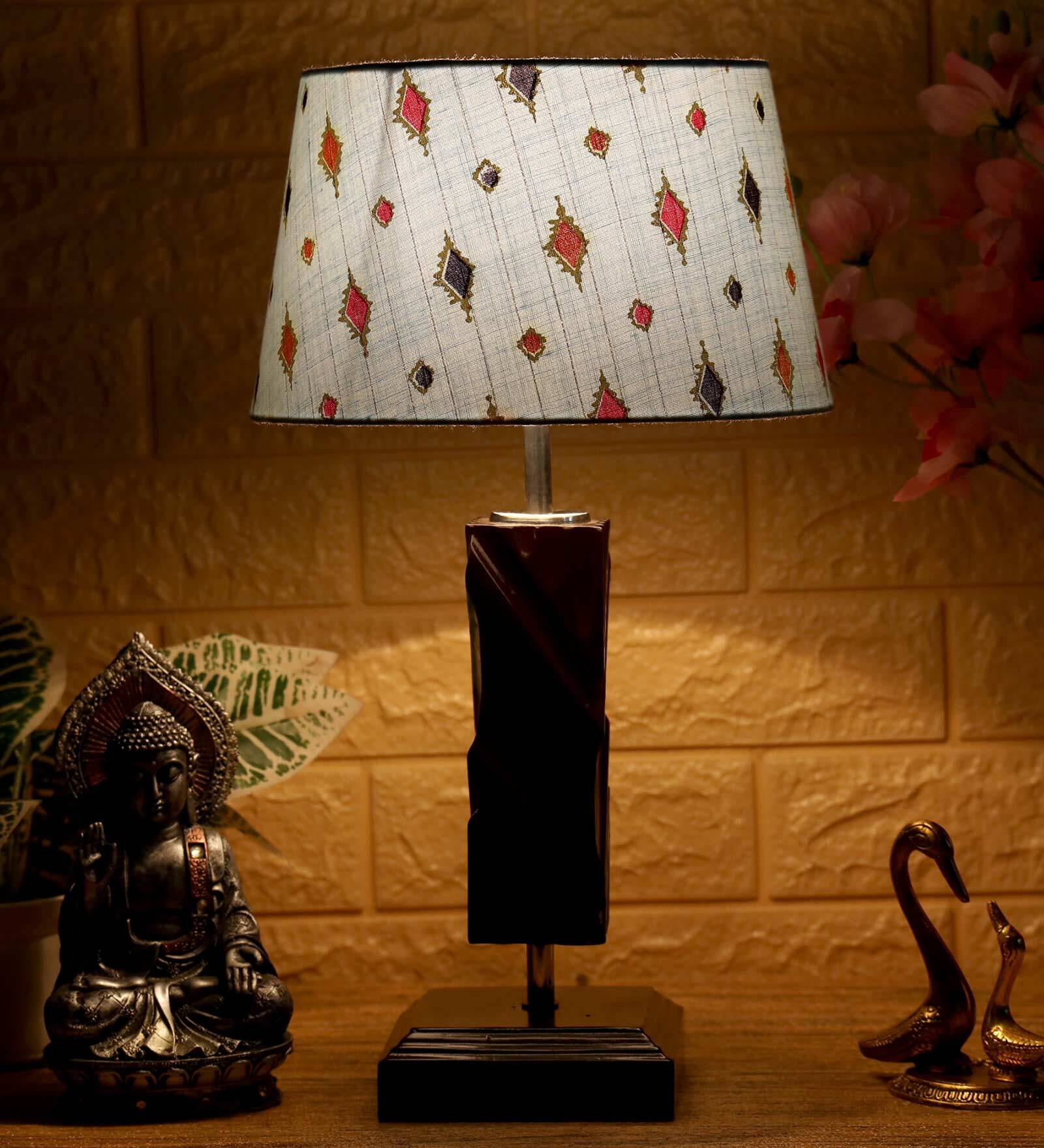 Vrikshya Blue Fabric Shade Night Lamp With Wood Base