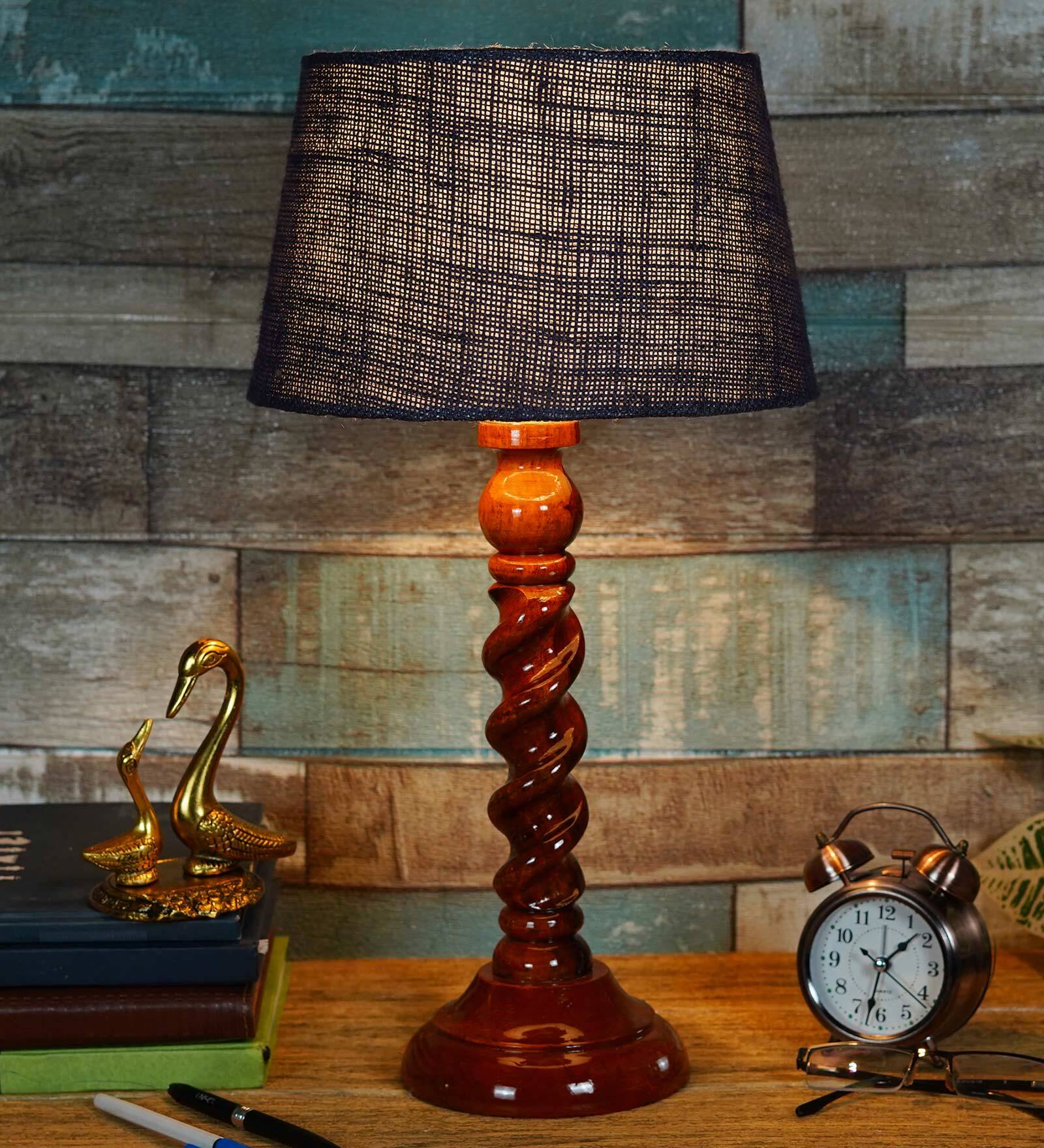 Chelsfield Blue Natural Fiber Shade Night Lamp With Wood Base