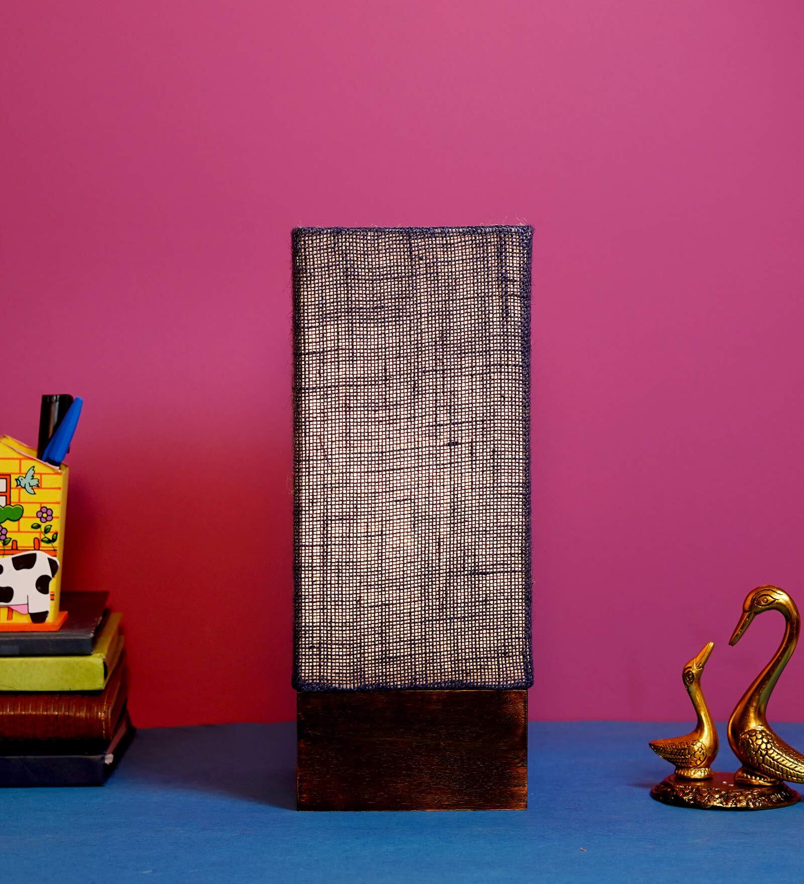 Claude Blue Natural Fiber Shade Table Lamp With Wood Base