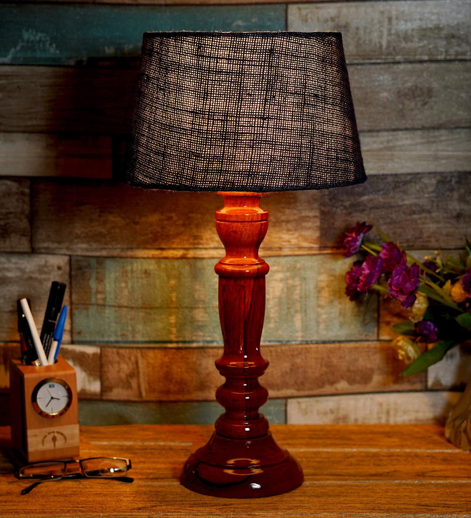 Klimt Blue Natural Fiber Shade Night Lamp With Wood Base