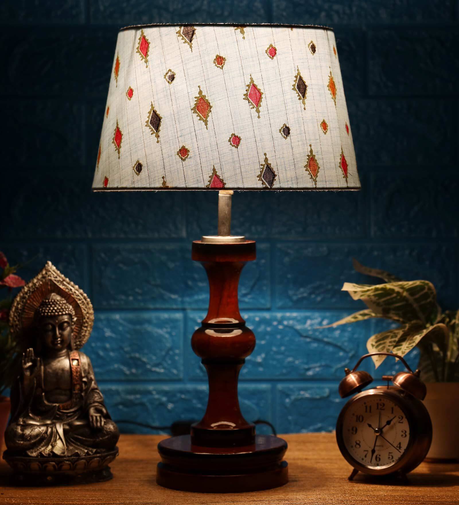 Arnie Blue Fabric Shade Night Lamp With Wood Base