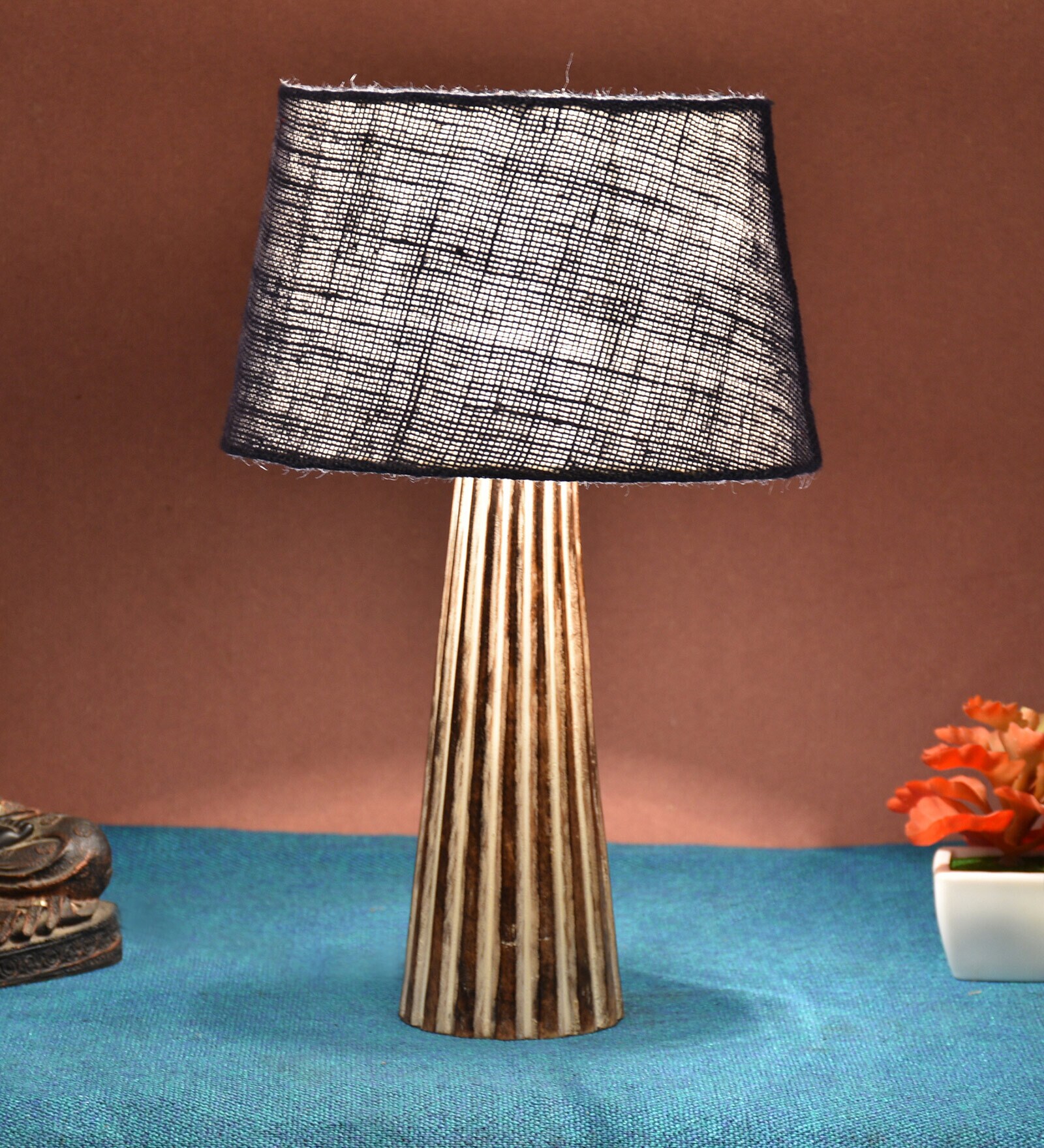 Exemplary Blue Natural Fiber Shade Night Lamp With Wood Base