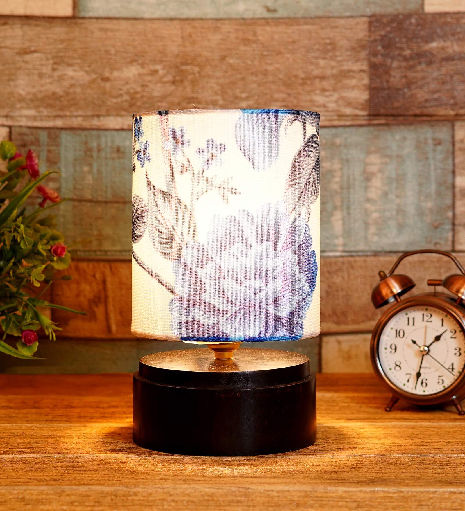 Havana Blue Fabric Shade Night Lamp With Wood Base
