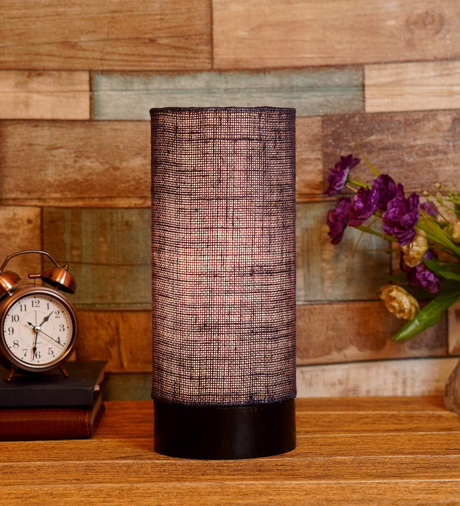 Louise Blue Natural Fiber Shade Table Lamp With Wood Base