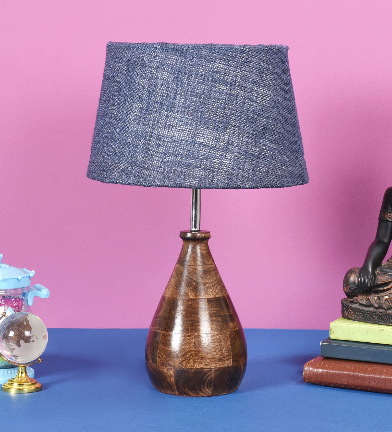 Lucea Blue Natural Fiber Shade Night Lamp With Wood Base