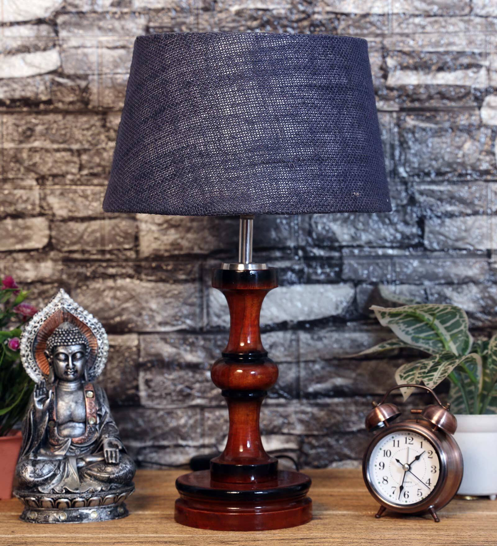 Tarter Blue Natural Fiber Shade Night Lamp With Wood Base