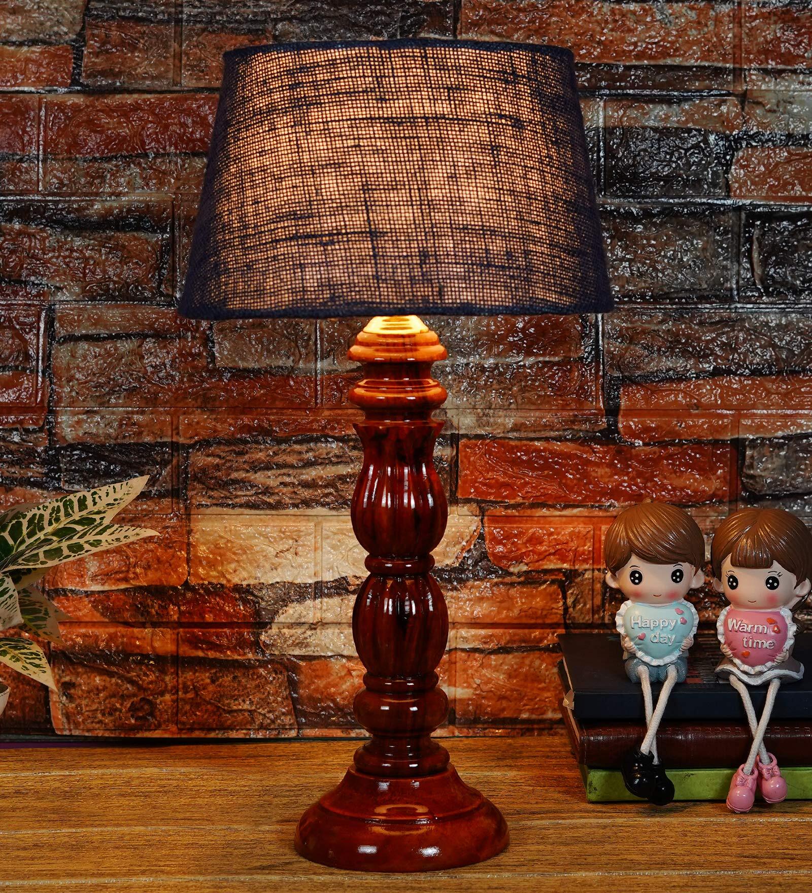 Salmon Blue Natural Fiber Shade Night Lamp With Wood Base