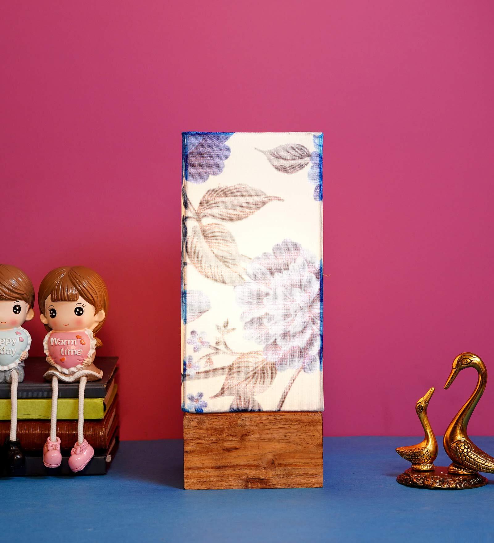 Margie Blue & White Fabric Shade Table Lamp With Wood Base