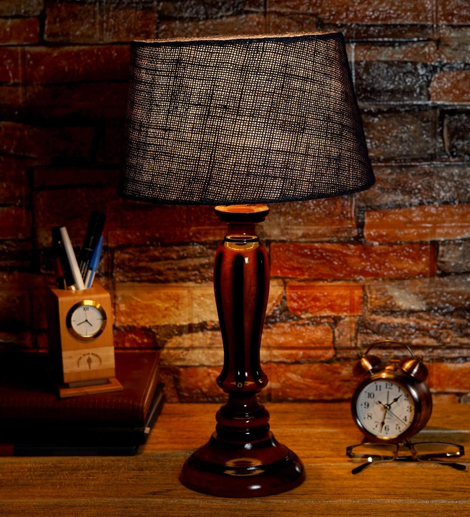 Agueda Blue Natural Fiber Shade Night Lamp With Wood Base