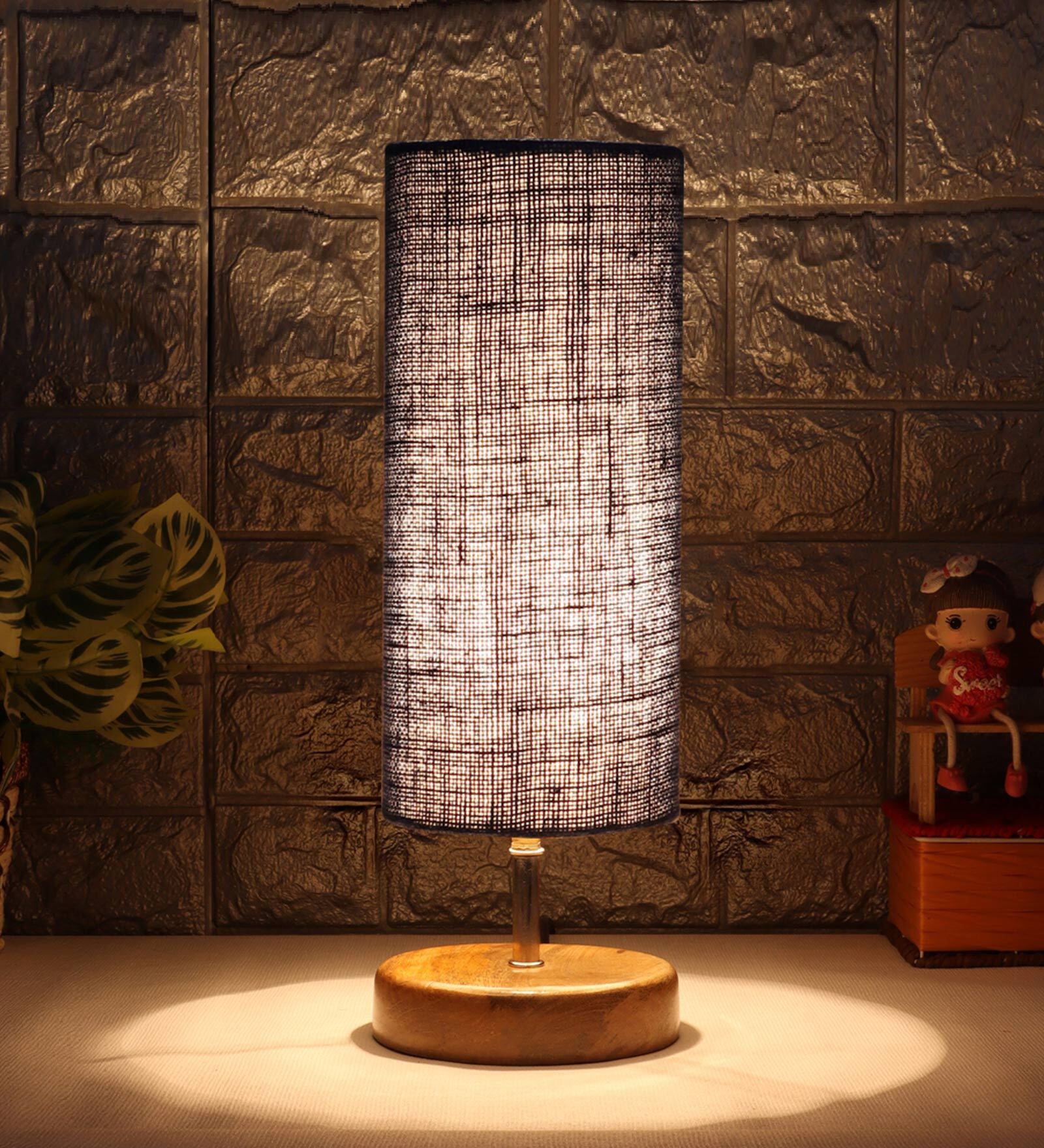 Charles Blue Jute Shade Table Lamp With Wood Base