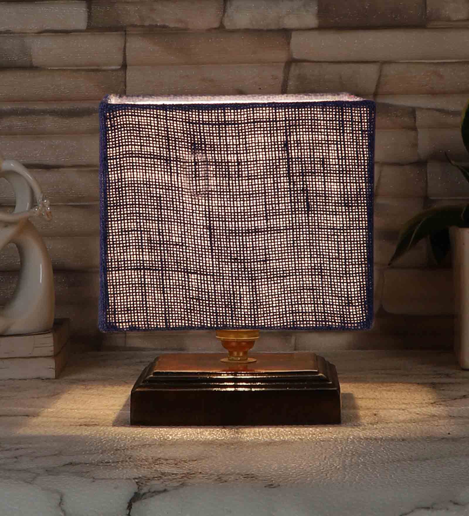 Blue Shade Table Lamp With Wood Base