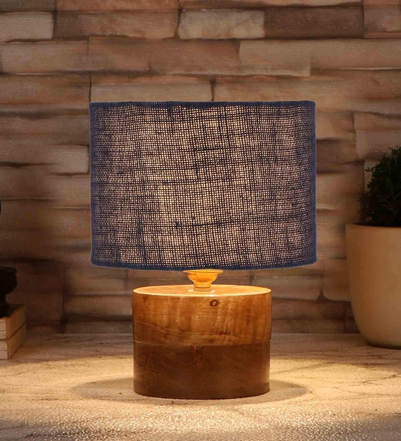 Blue Shade Table Lamp With Wood Base