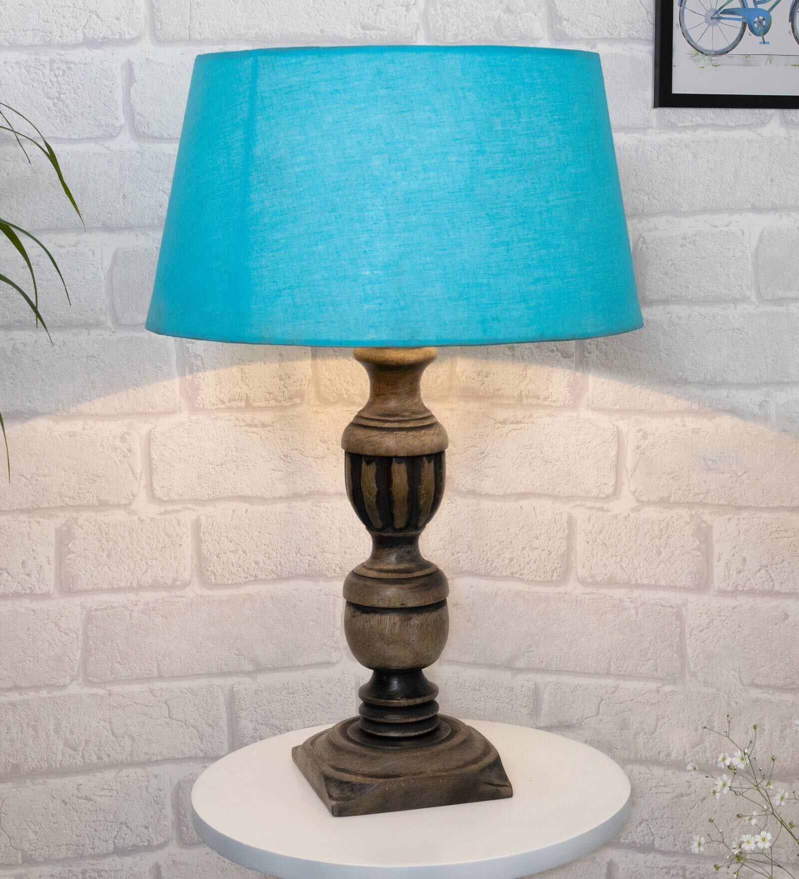 Blue Shade Table Lamp With Wooden Base