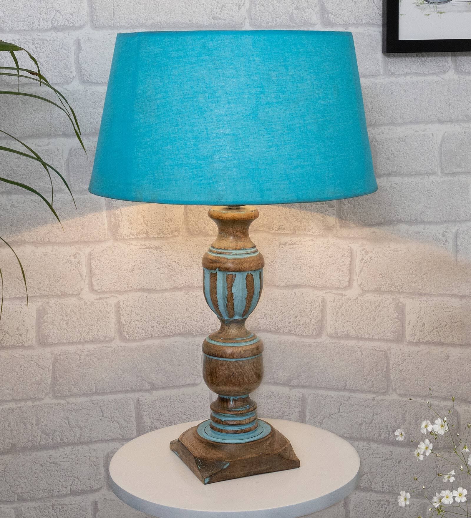 Blue Shade Table Lamp With Wooden Base