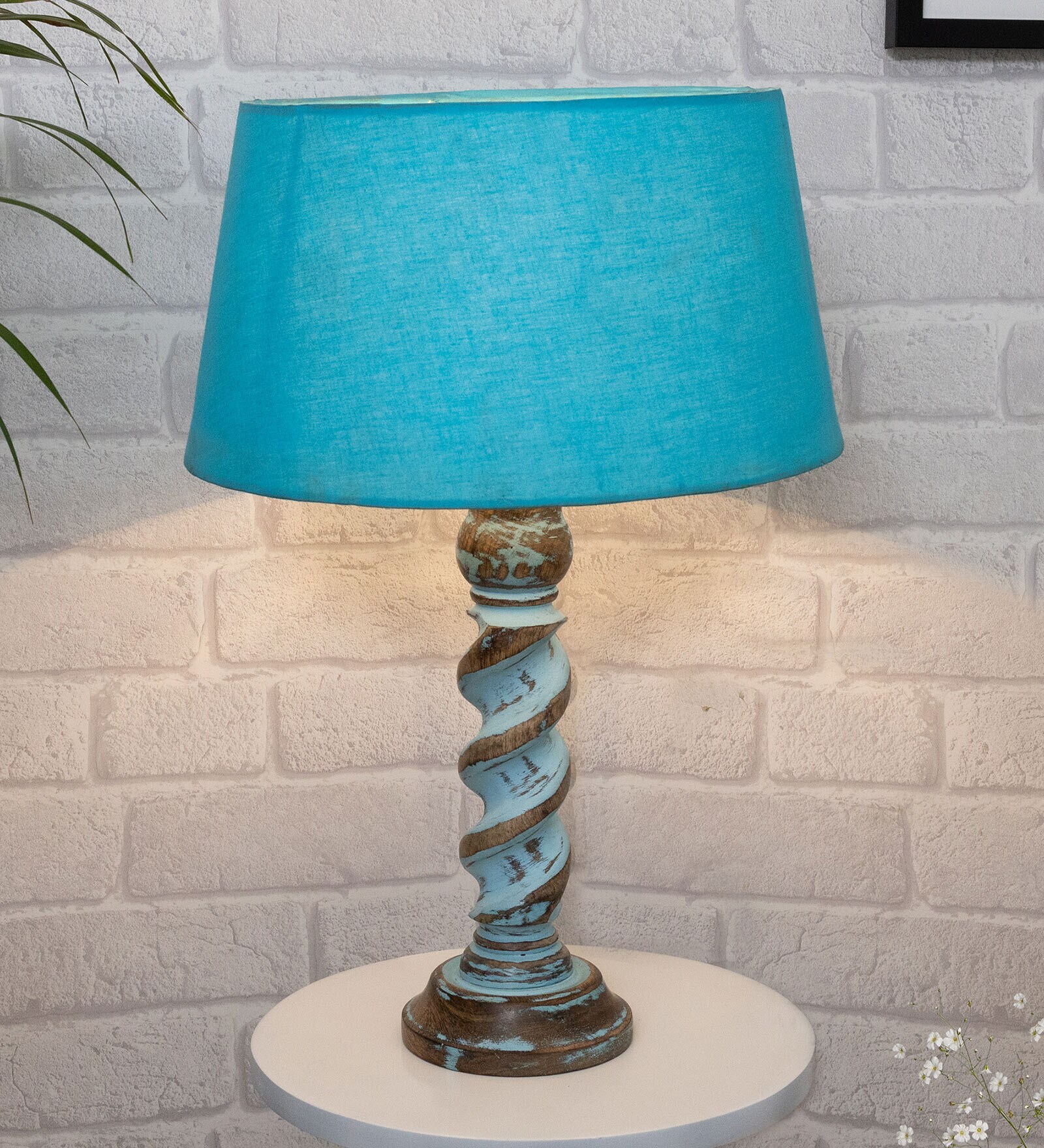 Blue Shade Table Lamp With Wooden Base