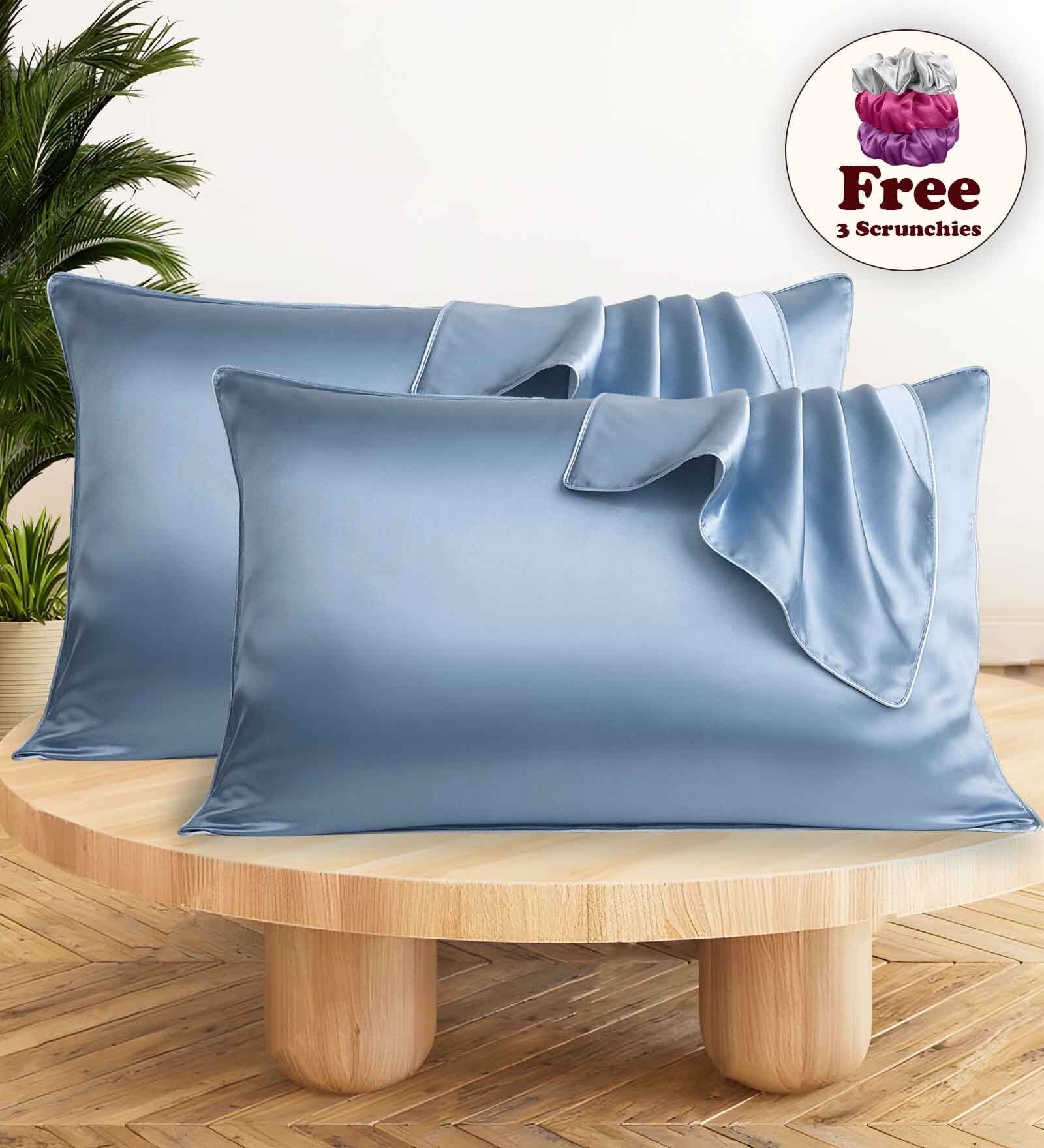 Blue Silk 2 Pillow Covers With 3 Scrunchies
