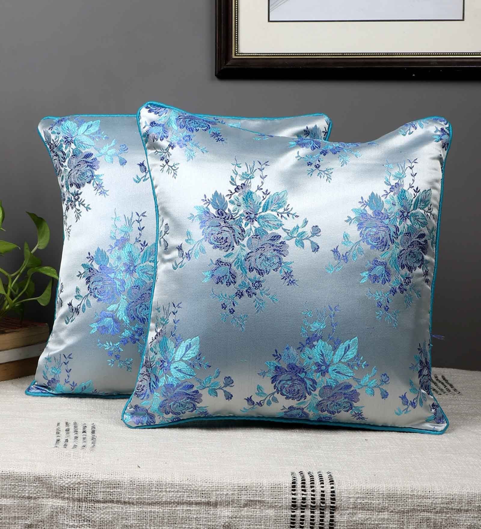 Blue Silk Floral 16x16 inches Cushion Covers (Pack of 2)