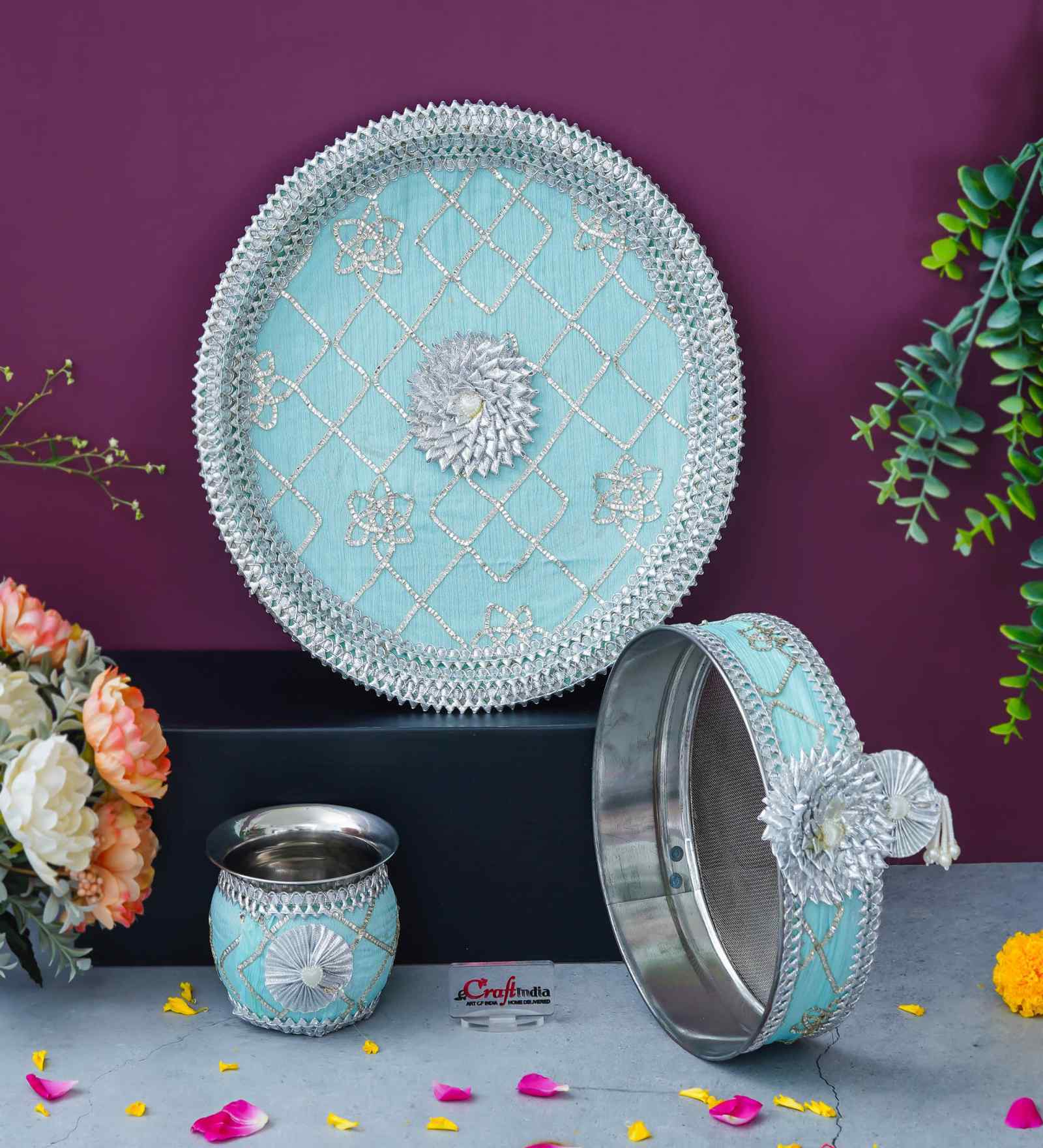 Blue Silver Floral Decorative Stainless Steel Karwa Chauth Thali Set with Plate Chalni Lota|Karva Chauth Pooja Thali