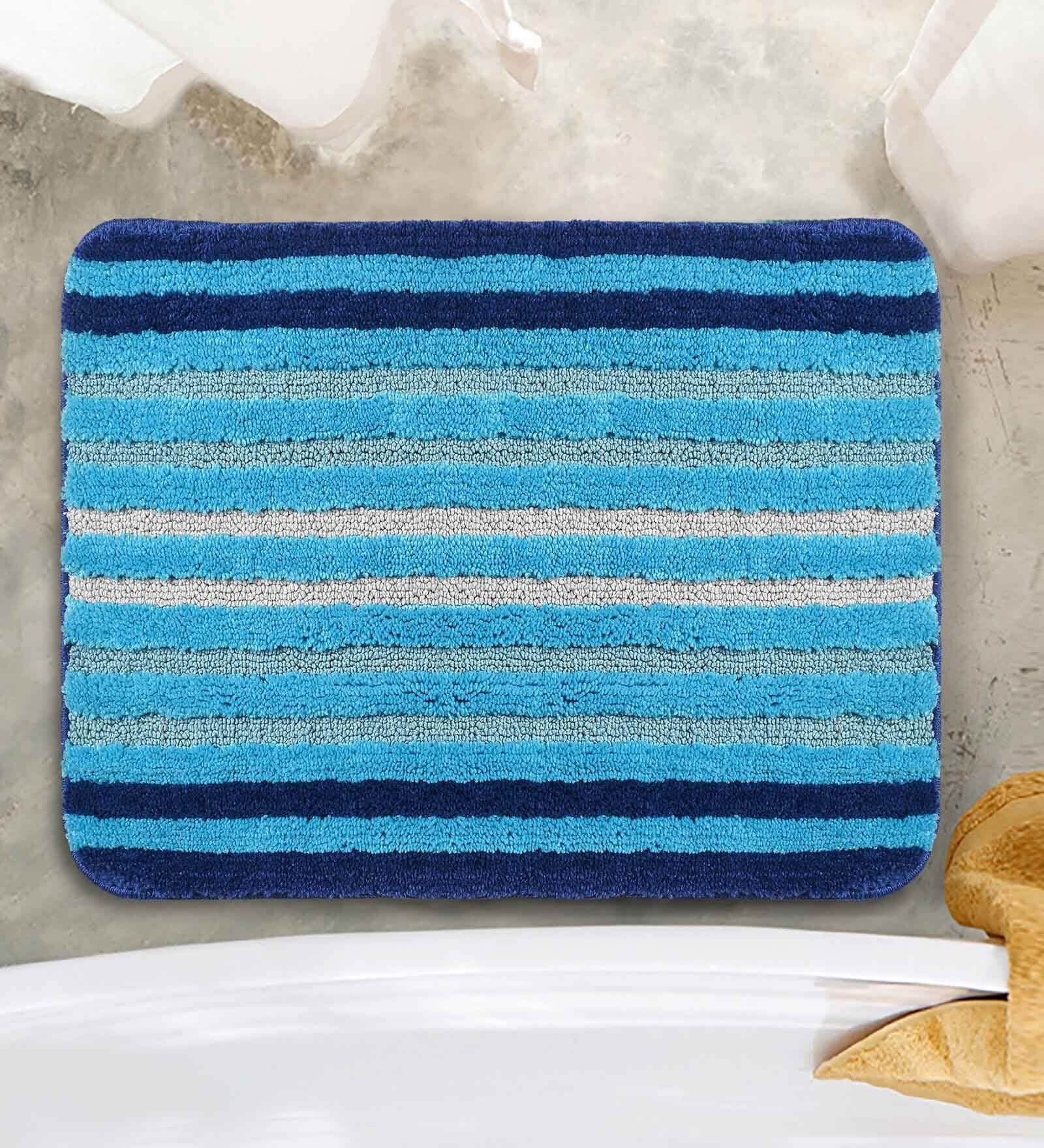 Blue Geometric Microfiber 23x16 Inches AntiSkid Bath Mat