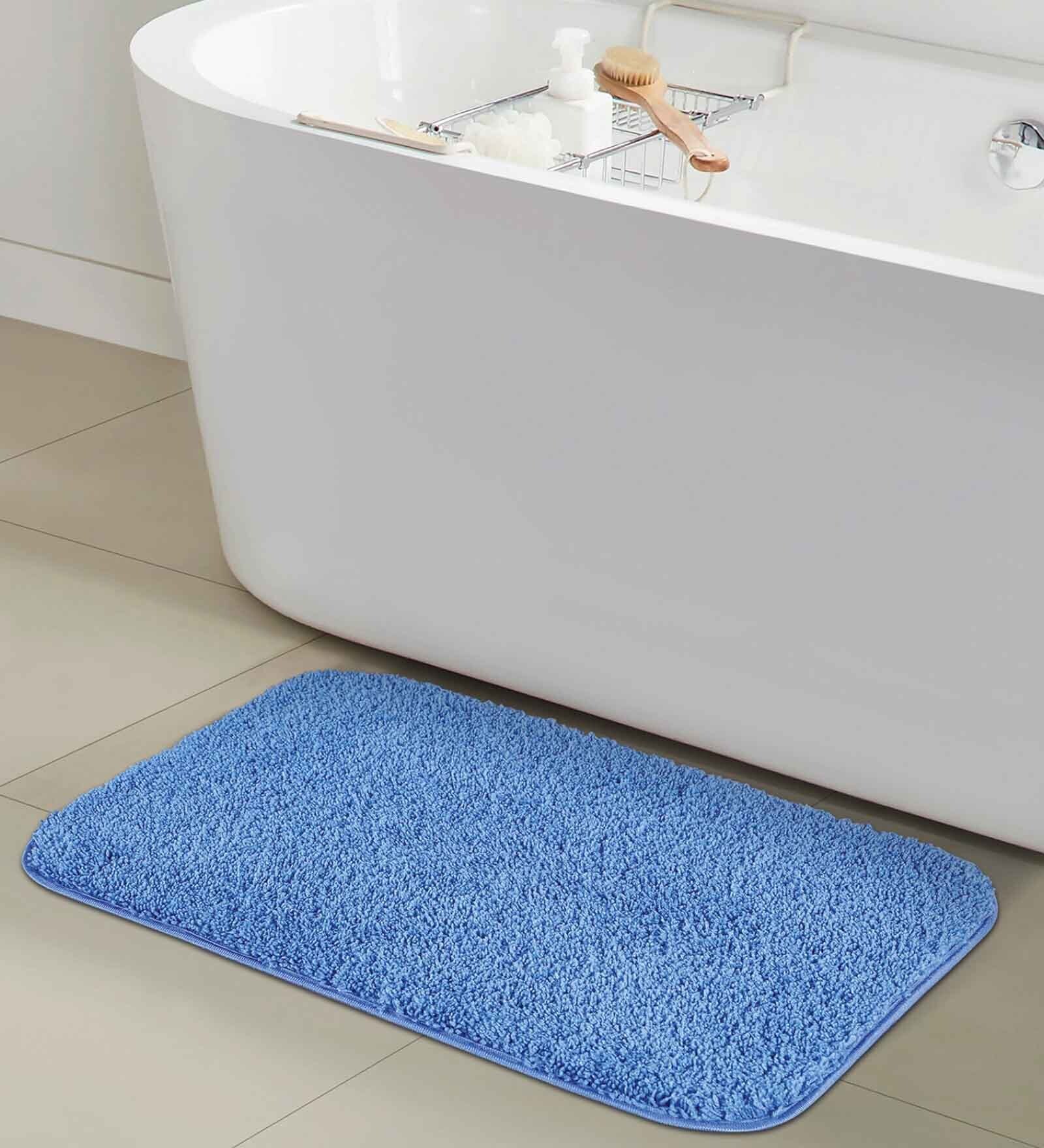 Blue Shaggy Polyester 28x20 Inches AntiSkid Bath Mat