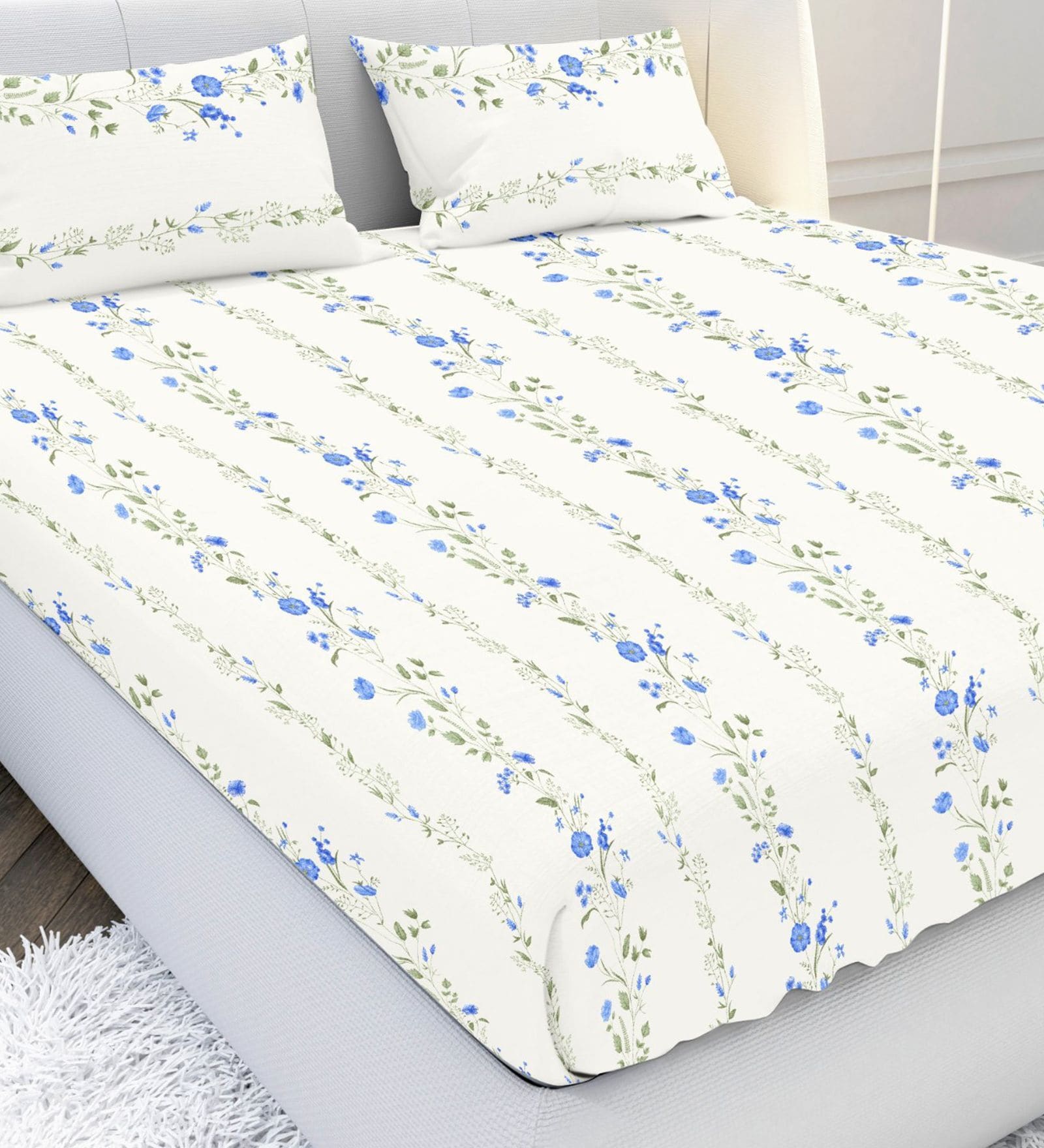 Blue Floral 120 TC Cotton Queen Bedsheet with 2 Pillow Covers