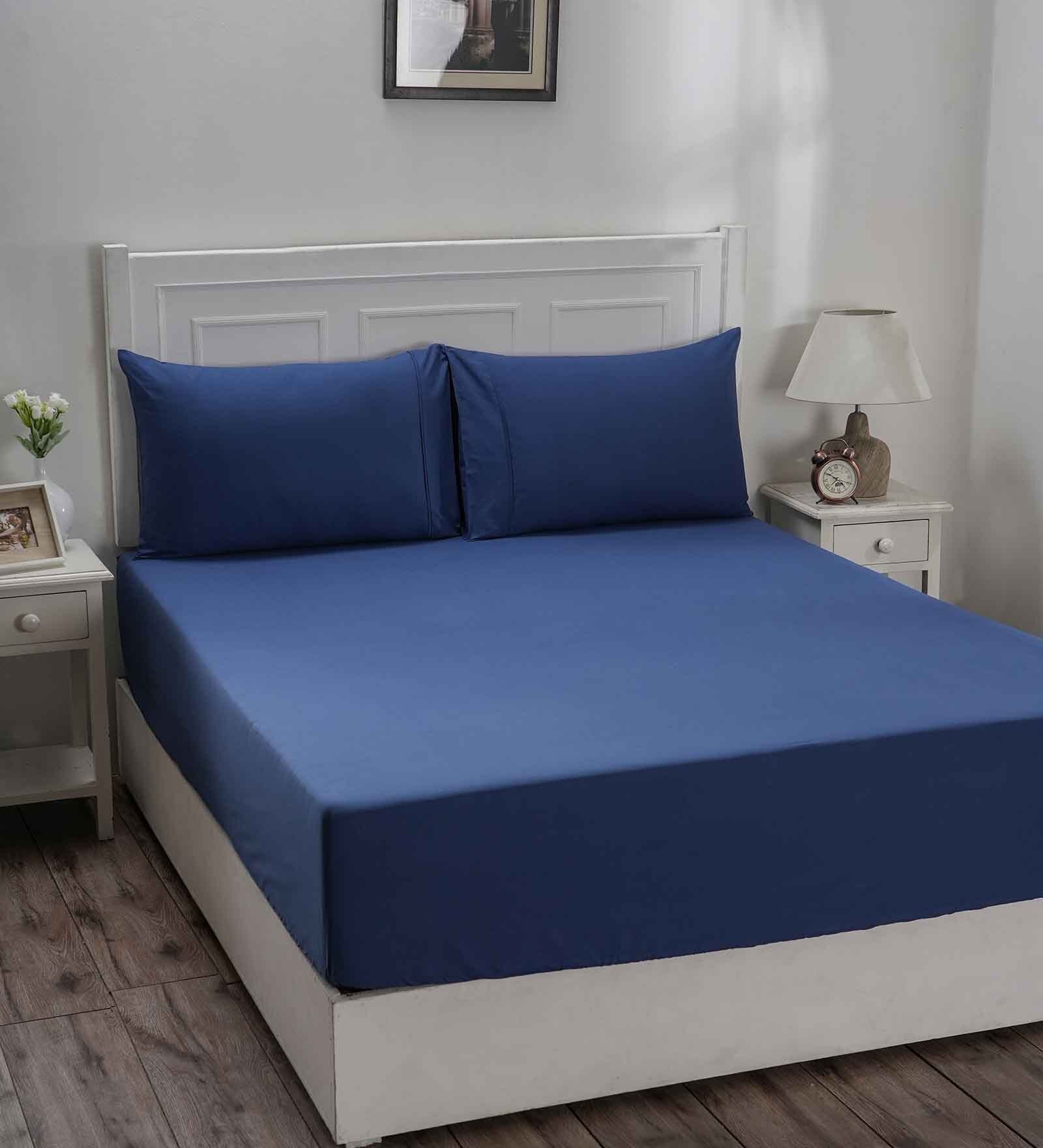 Blue Solid 144 TC 100% Cotton  Double Bedsheet with 2 Pillow Covers