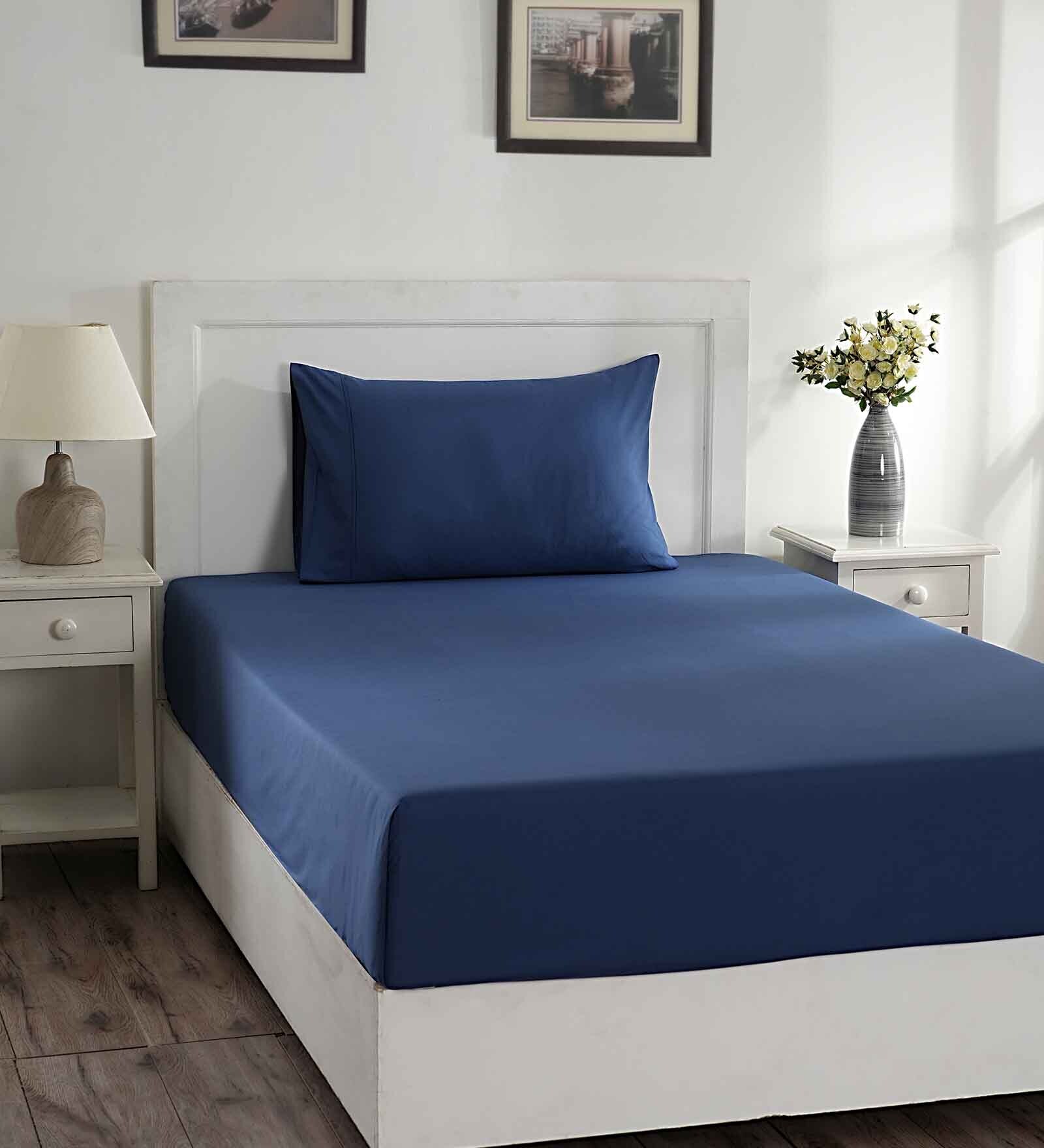 Blue Solid 144 TC 100% Cotton Single Bedsheet with 1 Pillow Cover