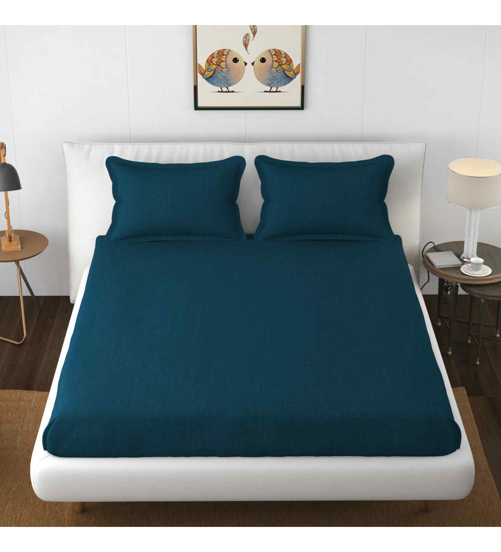 Blue Solid 144 TC Cotton King Fitted Bedsheet Bedsheet 2 Pillow Shades Collection