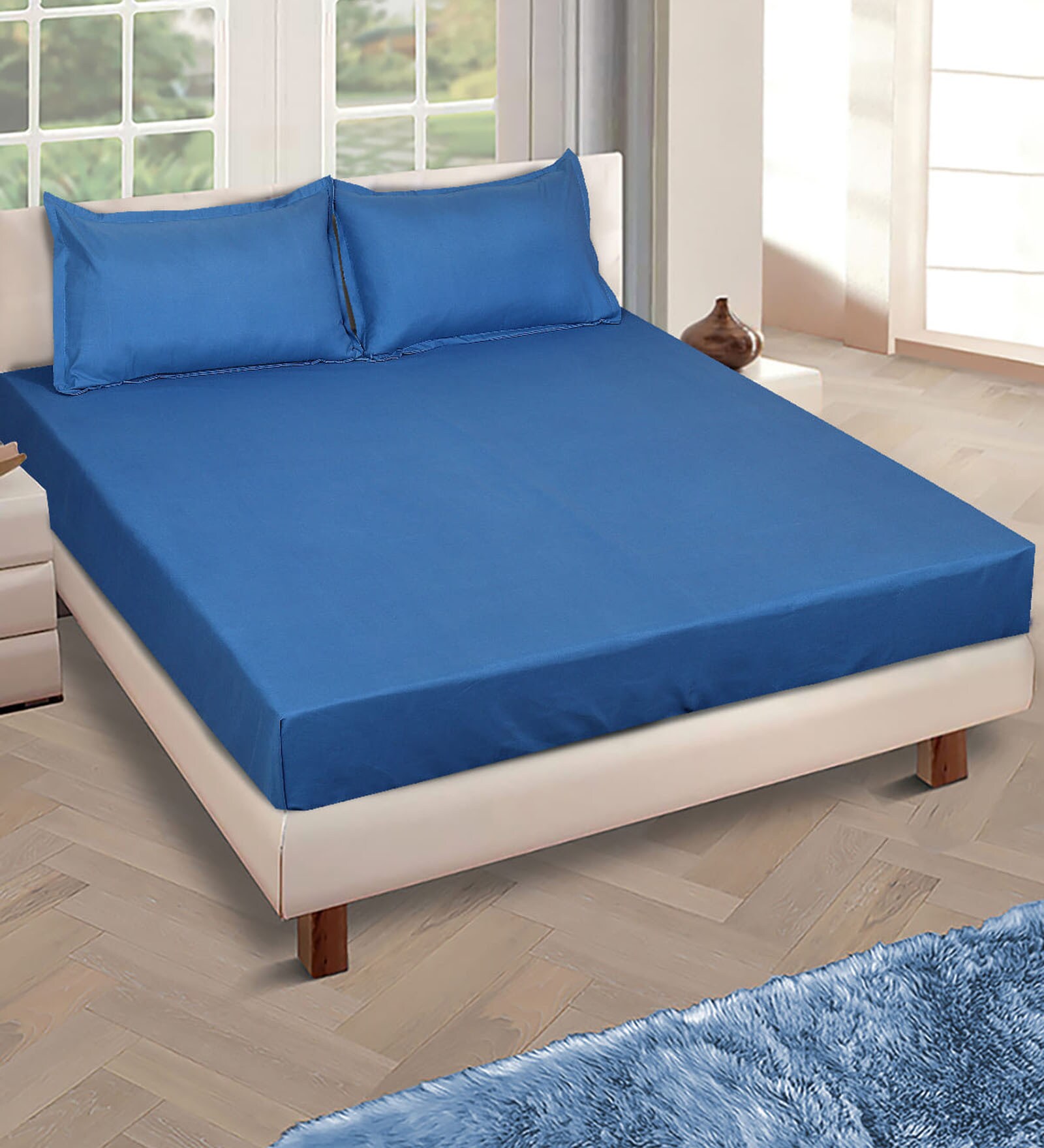 Blue Solid 150 TC Glace Cotton Queen Sized Double Bedsheet with 2 Pillow Covers