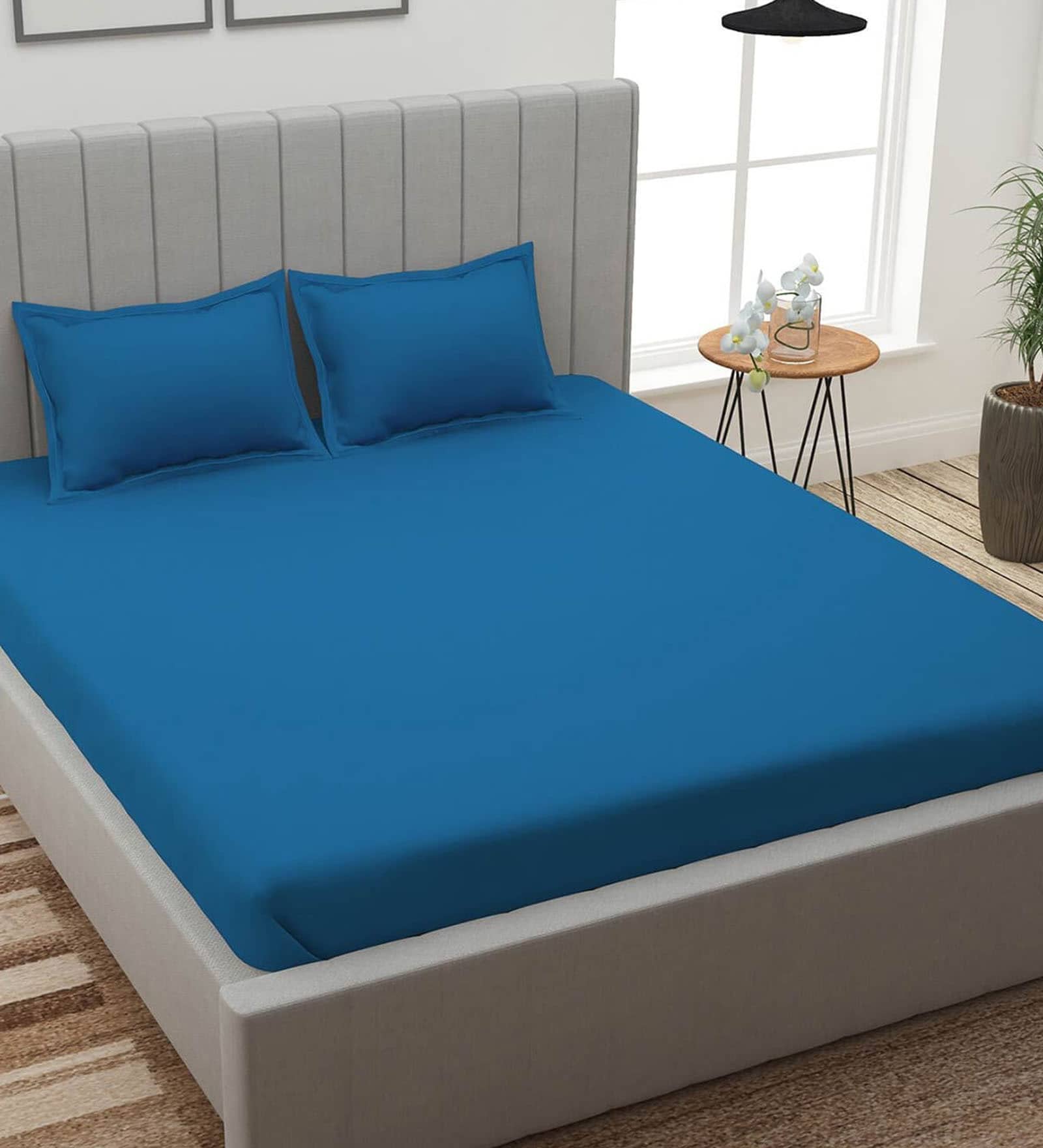 Blue Solid 150 TC Microfiber Queen Sized Double Bedsheet with 2 Pillow Covers